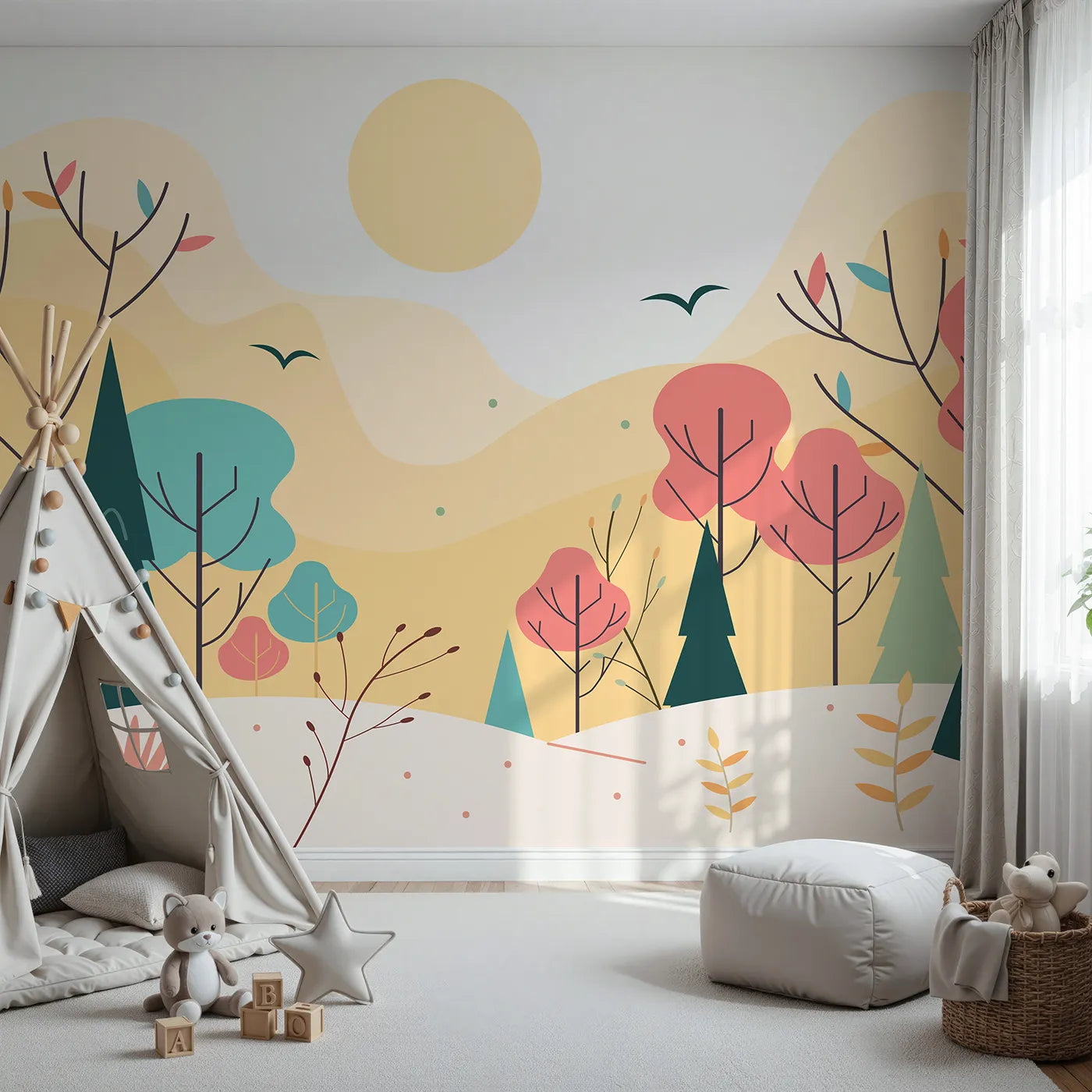 Front view of Whimsy Tots' Minimalist Autumn Forest Wall Mural
