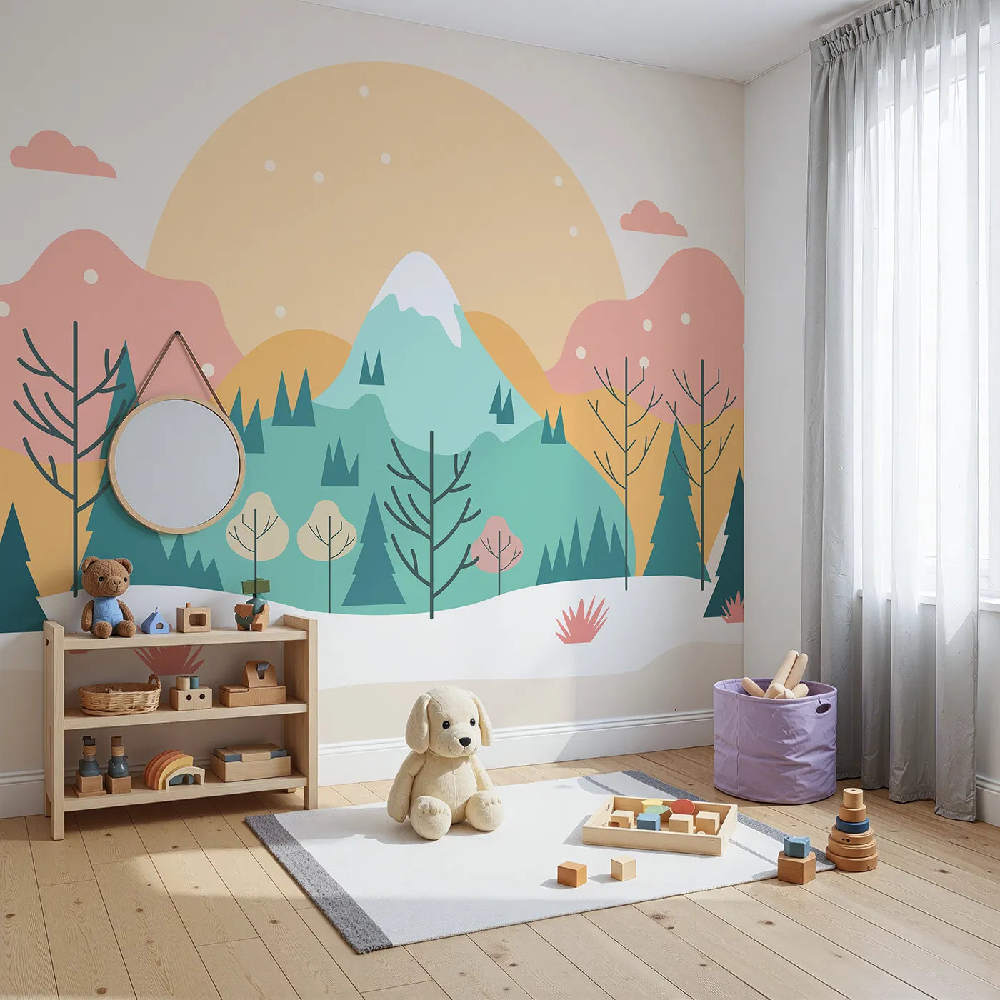 Angled view of Whimsy Tots' Minimalist Winter Mountain Wall Mural (Turn Their Room into a Cool and Modern Winterscape).Gender-Neutral