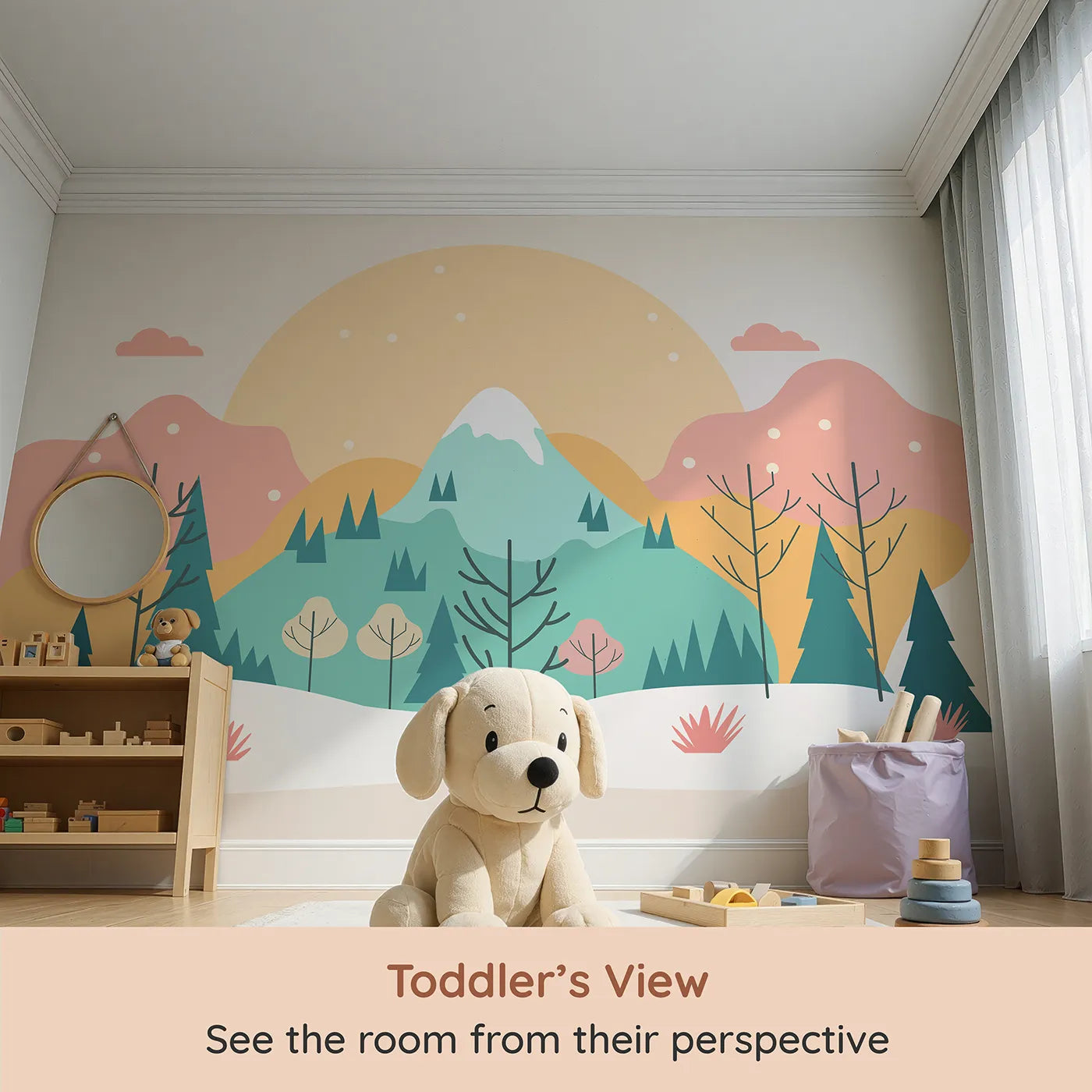 Whimsy Tots Minimalist Winter Mountain Wall Mural (Turn Their Room into a Cool and Modern Winterscape) from your child's view.Gender-Neutral