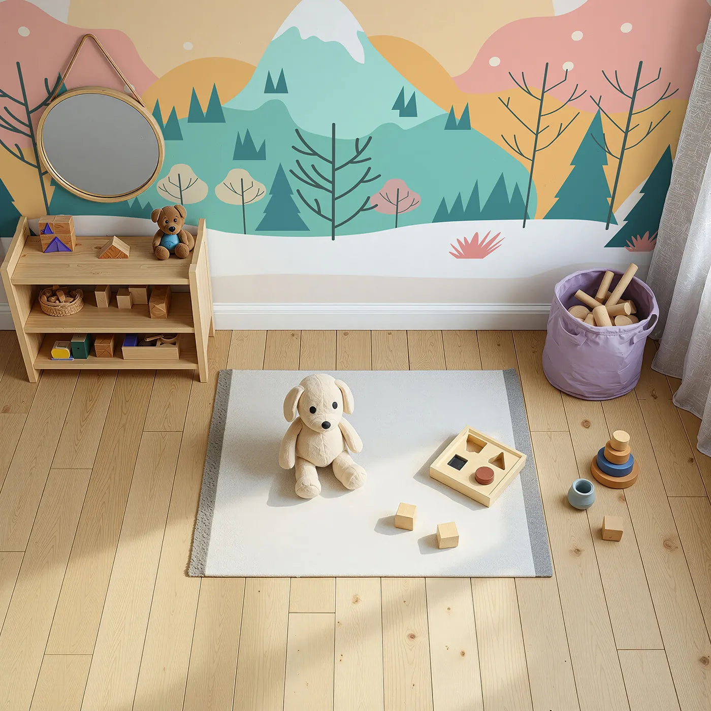 Top-down view of Whimsy Tots' Minimalist Winter Mountain Wall Mural (Turn Their Room into a Cool and Modern Winterscape).Gender-Neutral