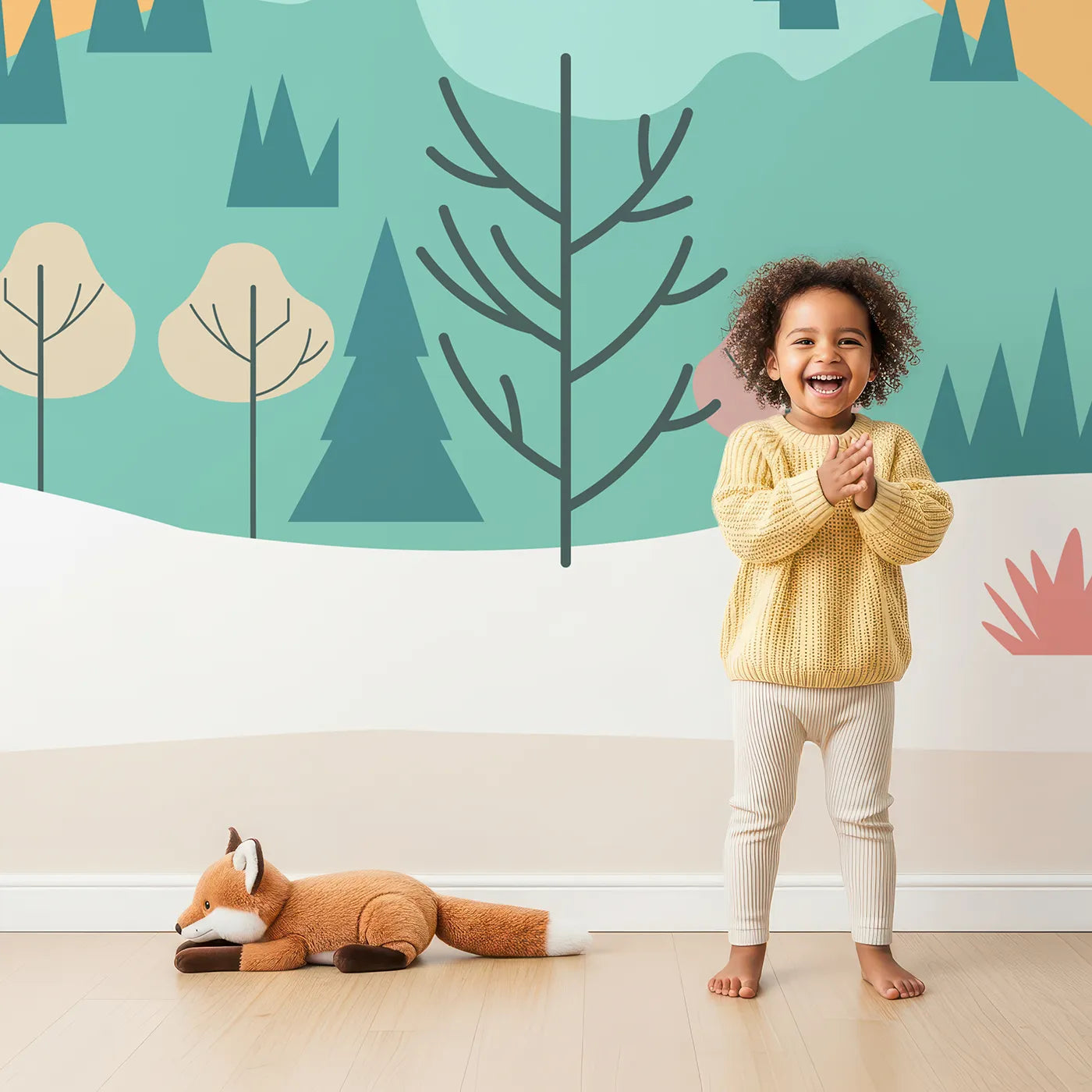 Child in front of Whimsy Tots Minimalist Winter Mountain Wall Mural with winter, mountain, forest, tree, snow, graphic, modern, pastel in design.