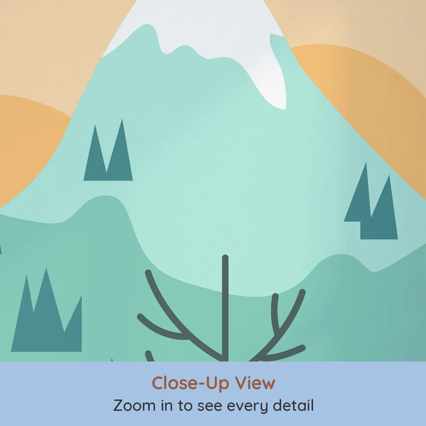 Close-up view of Whimsy Tots' Minimalist Winter Mountain Wall Mural (Turn Their Room into a Cool and Modern Winterscape).Gender-Neutral
