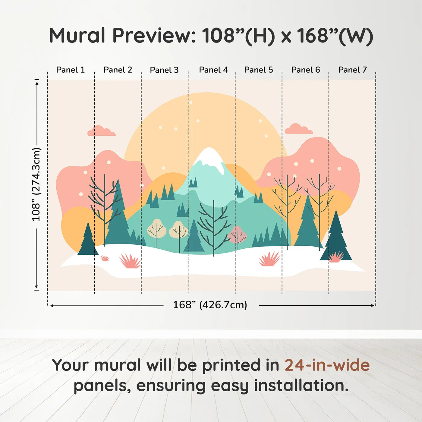 Whimsy Tots Minimalist Winter Mountain Wall Muraldimension view (108" H x 168" W). Printed in seven 24-inch-wide panels. Gender-Neutral