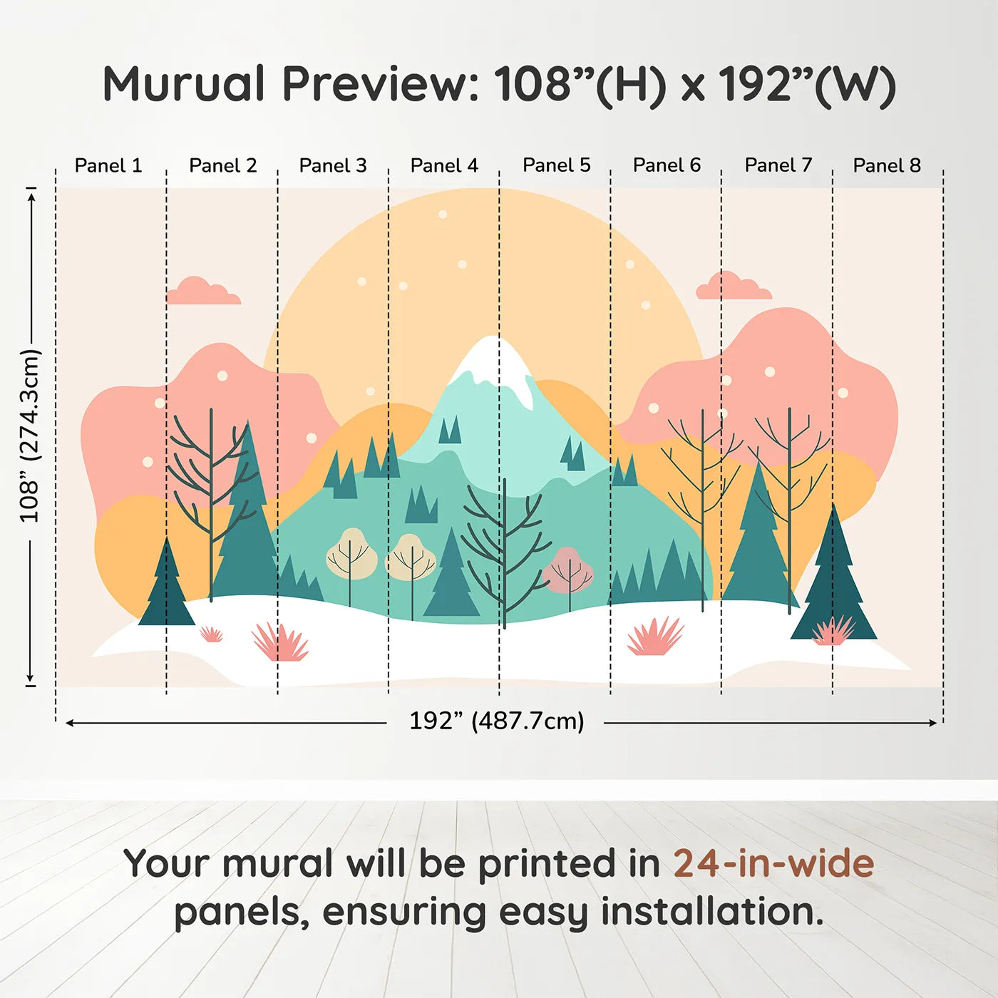 Whimsy Tots Minimalist Winter Mountain Wall Muraldimension view (108" H x 192" W). Printed in eight 24-inch-wide panels. Gender-Neutral