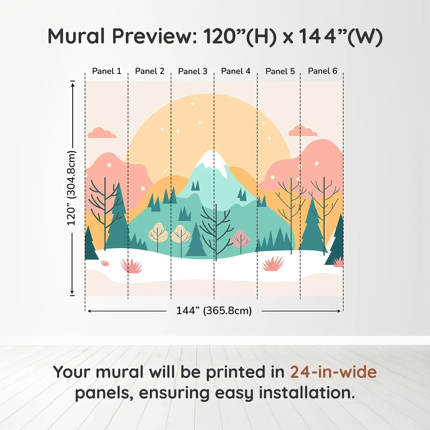Whimsy Tots Minimalist Winter Mountain Wall Muraldimension view (120" H x 144" W). Printed in six 24-inch-wide panels. Gender-Neutral