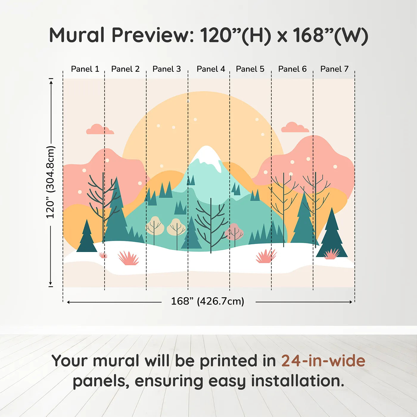 Whimsy Tots Minimalist Winter Mountain Wall Muraldimension view (120" H x 168" W). Printed in seven 24-inch-wide panels. Gender-Neutral