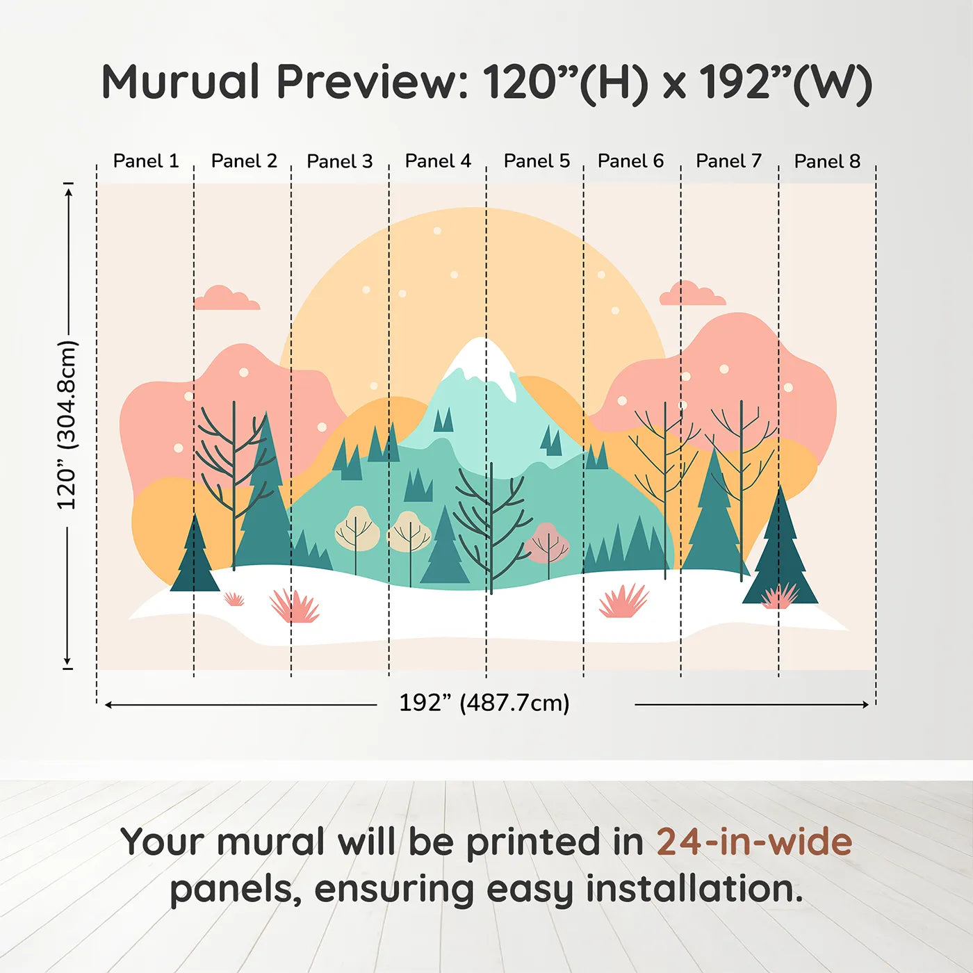 Whimsy Tots Minimalist Winter Mountain Wall Muraldimension view (120" H x 192" W). Printed in eight 24-inch-wide panels. Gender-Neutral