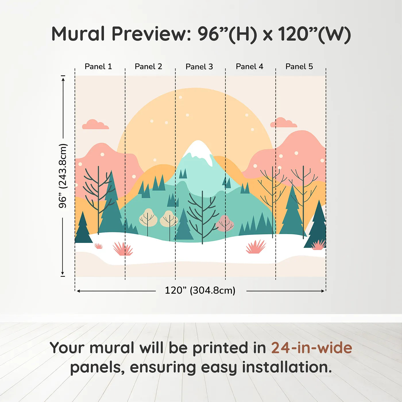 Whimsy Tots Minimalist Winter Mountain Wall Muraldimension view (96" H x 120" W). Printed in five 24-inch-wide panels. Gender-Neutral