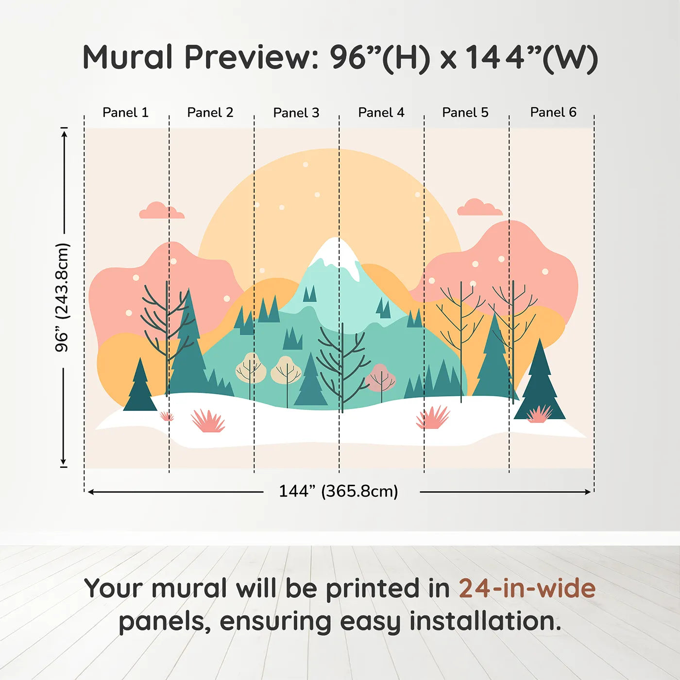 Whimsy Tots Minimalist Winter Mountain Wall Muraldimension view (96" H x 144" W). Printed in six 24-inch-wide panels. Gender-Neutral