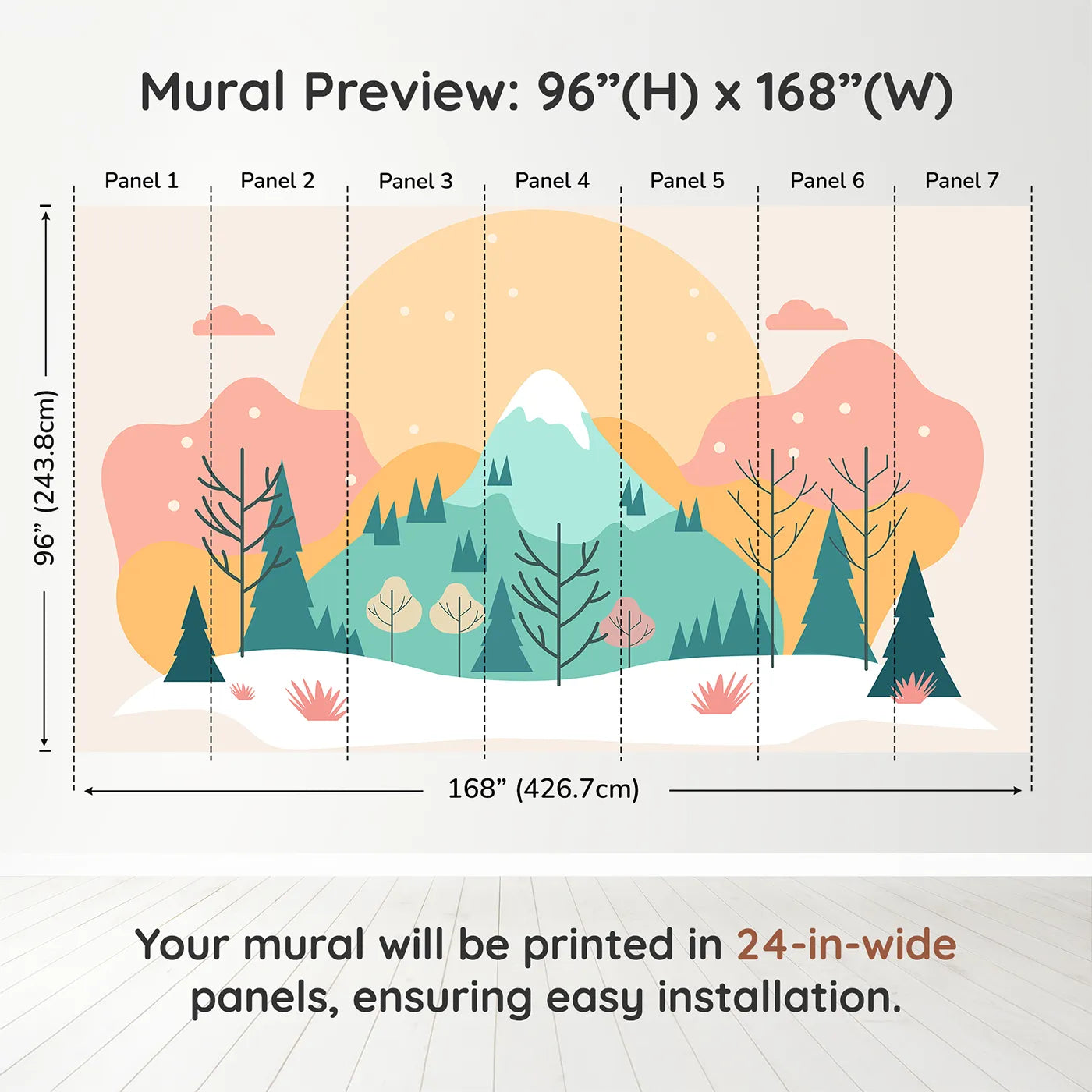 Whimsy Tots Minimalist Winter Mountain Wall Muraldimension view (96" H x 168" W). Printed in seven 24-inch-wide panels. Gender-Neutral
