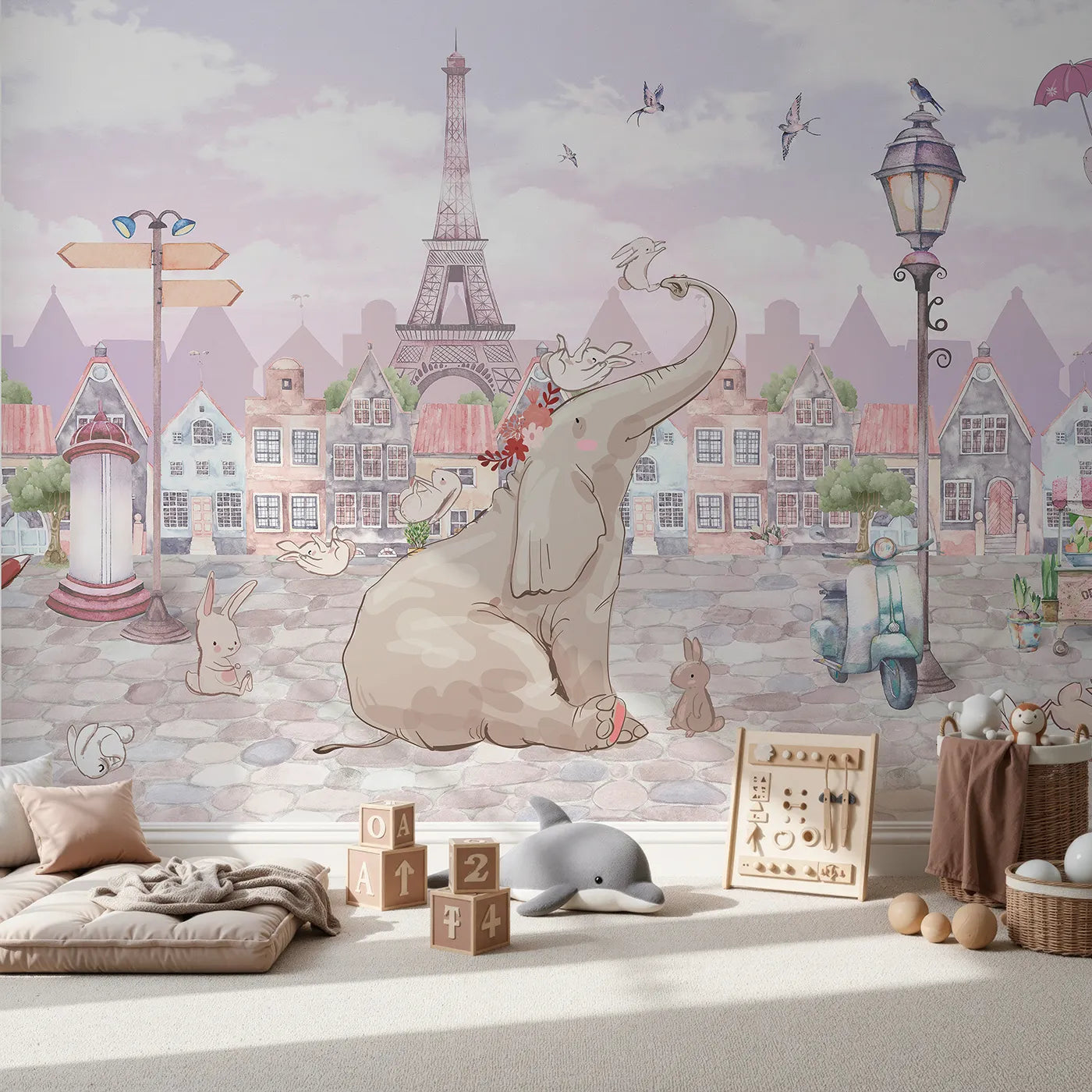 Front view of Whimsy Tots' Elephant in Paris Wall Mural