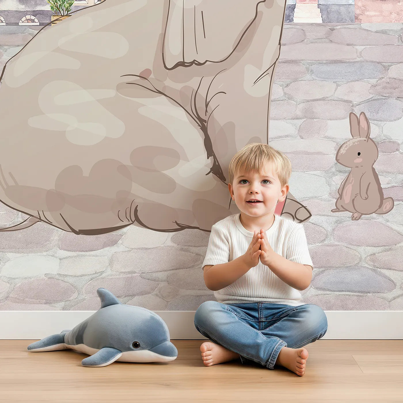 Child in front of Whimsy Tots Elephant in Paris Wall Mural with elephant, paris, cute, rabbit, whimsical, eiffel tower, pink, romantic in design.
