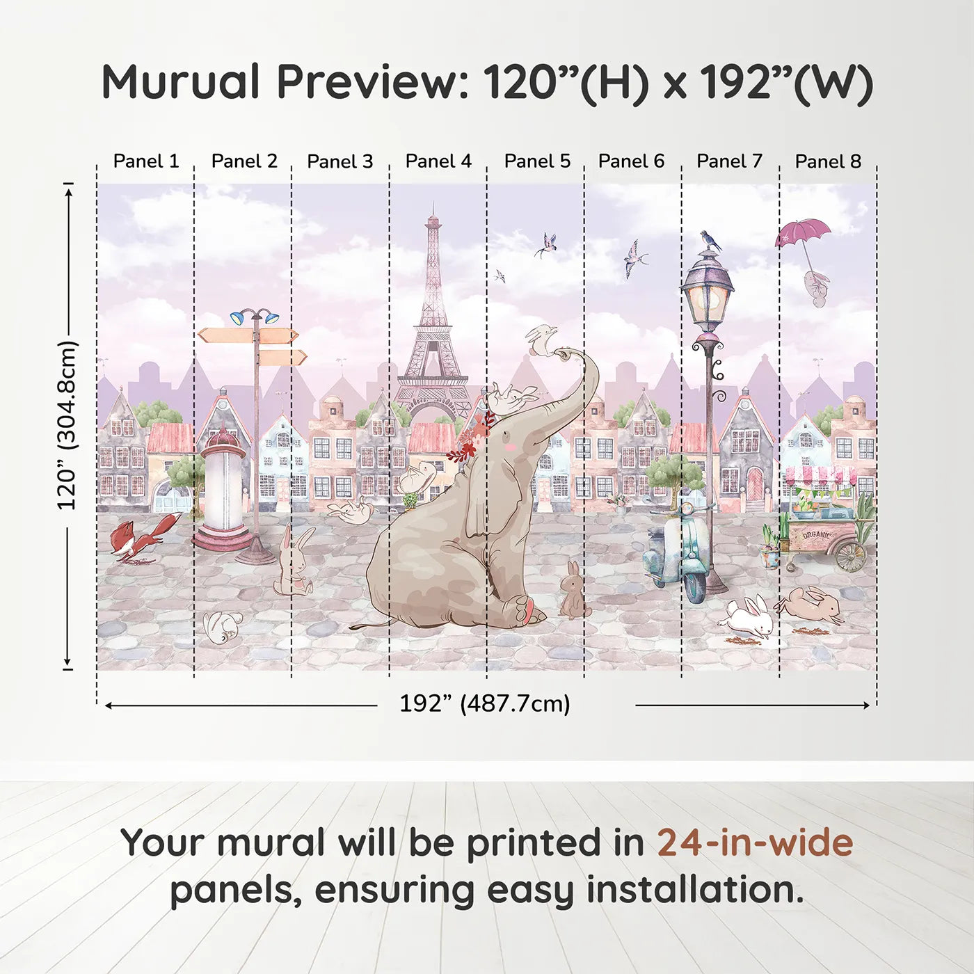 Whimsy Tots Elephant in Paris Wall Muraldimension view (120" H x 192" W). Printed in eight 24-inch-wide panels. Gender-Neutral