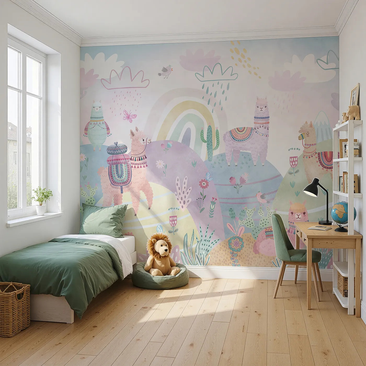 Angled view of Whimsy Tots' Llama Rainbow Hills Wall Mural (Turn Their Room into the Sweetest, Most Colorful Fiesta).Gender-Neutral