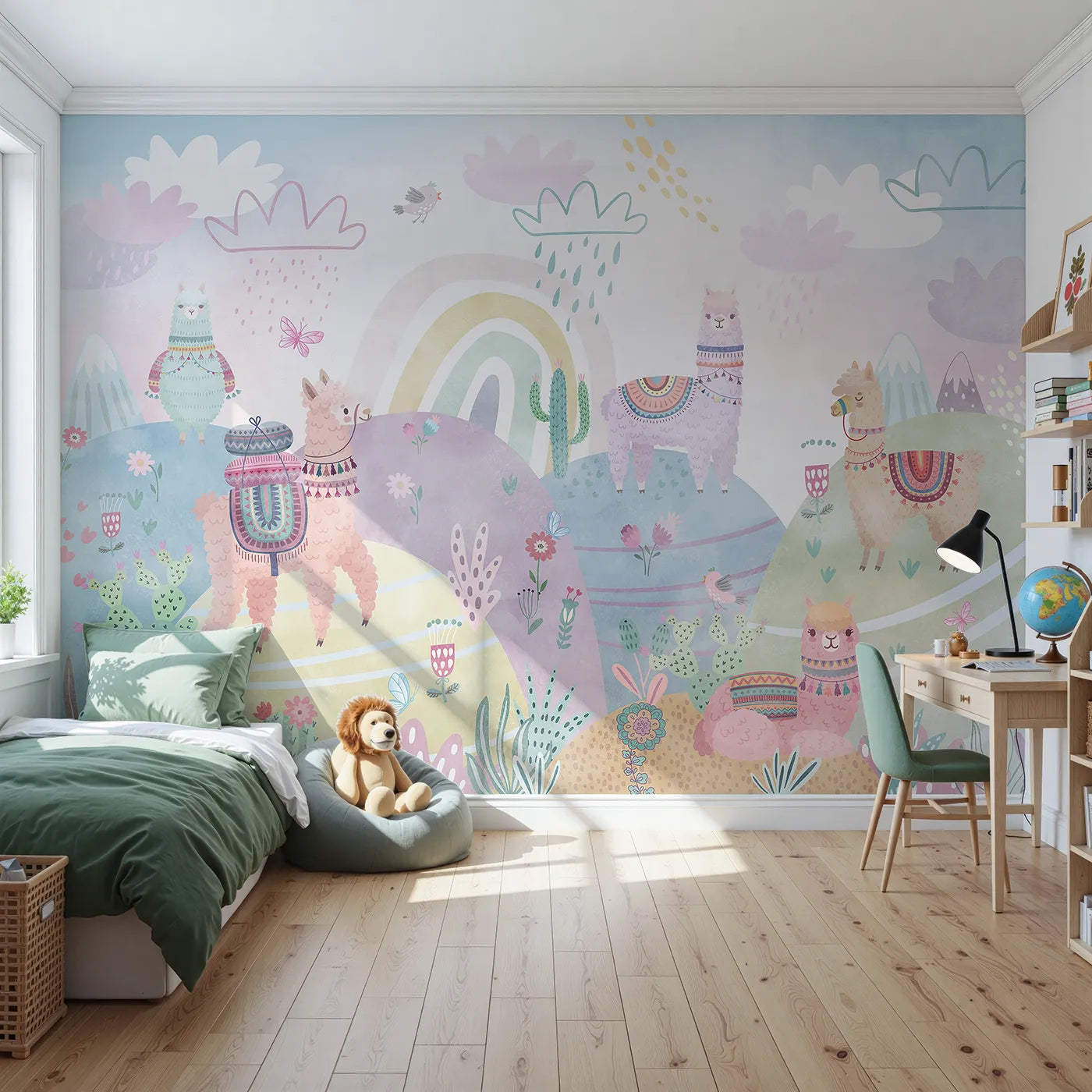 Front view of Whimsy Tots' Llama Rainbow Hills Wall Mural
