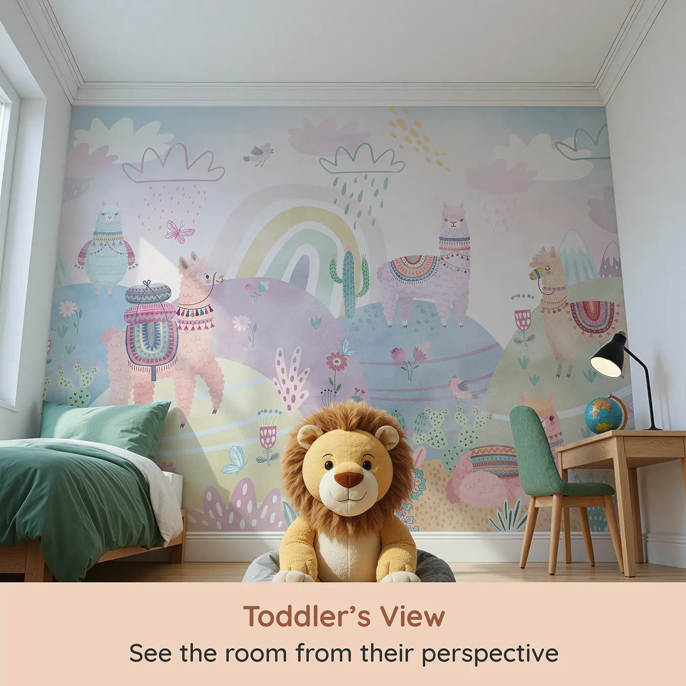 Whimsy Tots Llama Rainbow Hills Wall Mural (Turn Their Room into the Sweetest, Most Colorful Fiesta) from your child's view.Gender-Neutral