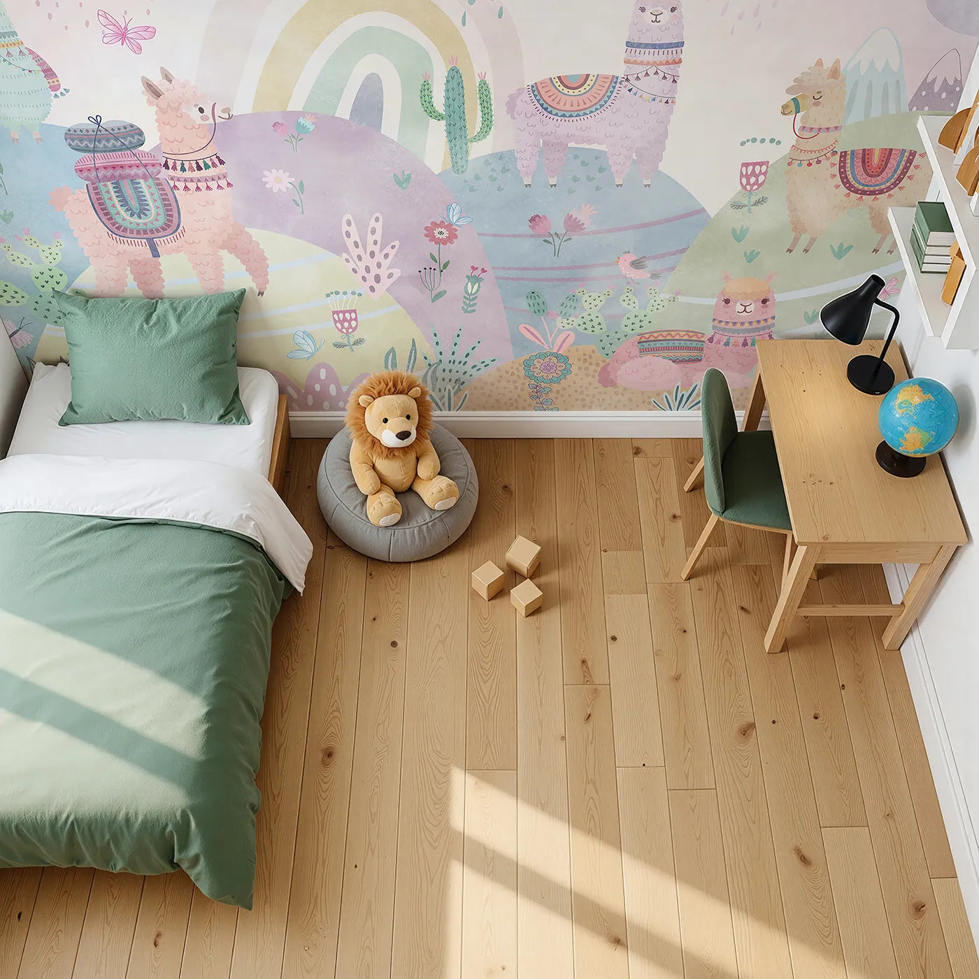 Top-down view of Whimsy Tots' Llama Rainbow Hills Wall Mural (Turn Their Room into the Sweetest, Most Colorful Fiesta).Gender-Neutral