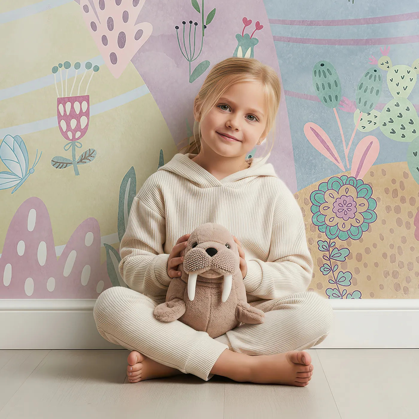 Child in front of Whimsy Tots Llama Rainbow Hills Wall Mural with llama, rainbow, cute, watercolor, pastel, animal, boho, whimsical in design.