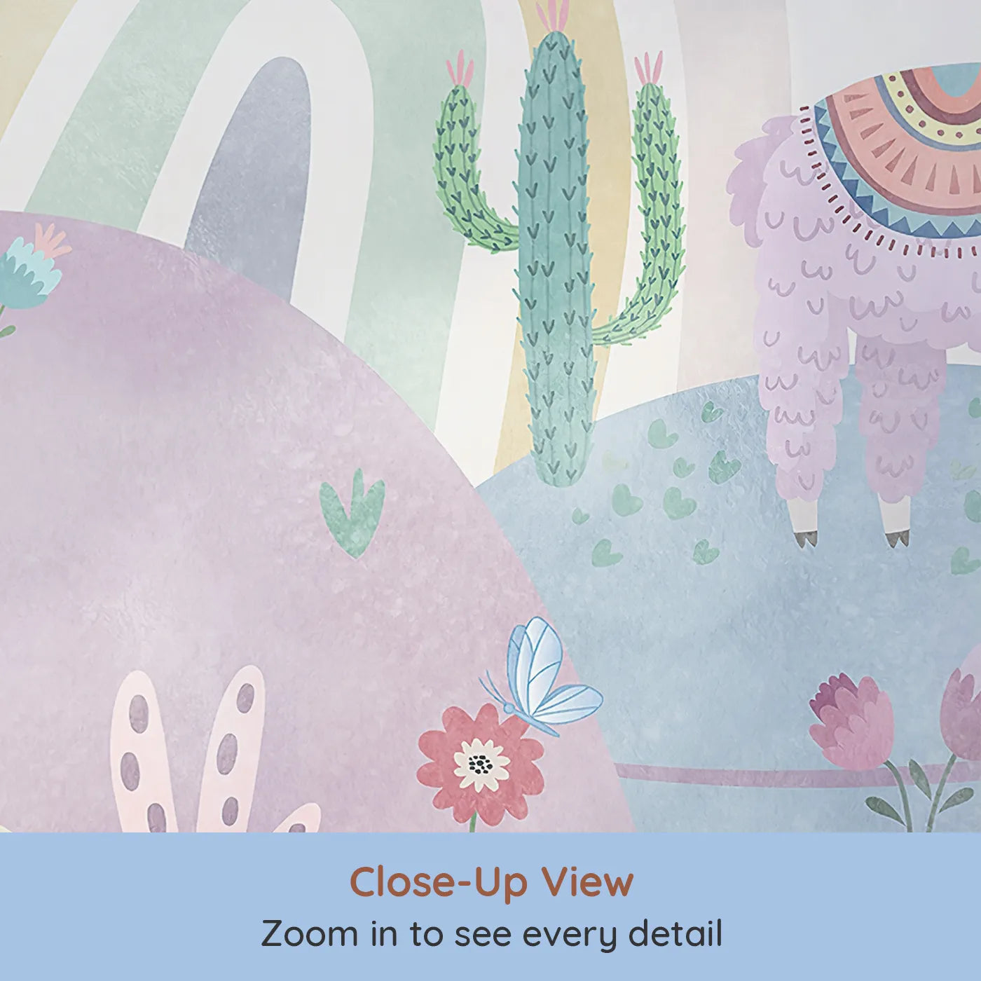 Close-up view of Whimsy Tots' Llama Rainbow Hills Wall Mural (Turn Their Room into the Sweetest, Most Colorful Fiesta).Gender-Neutral