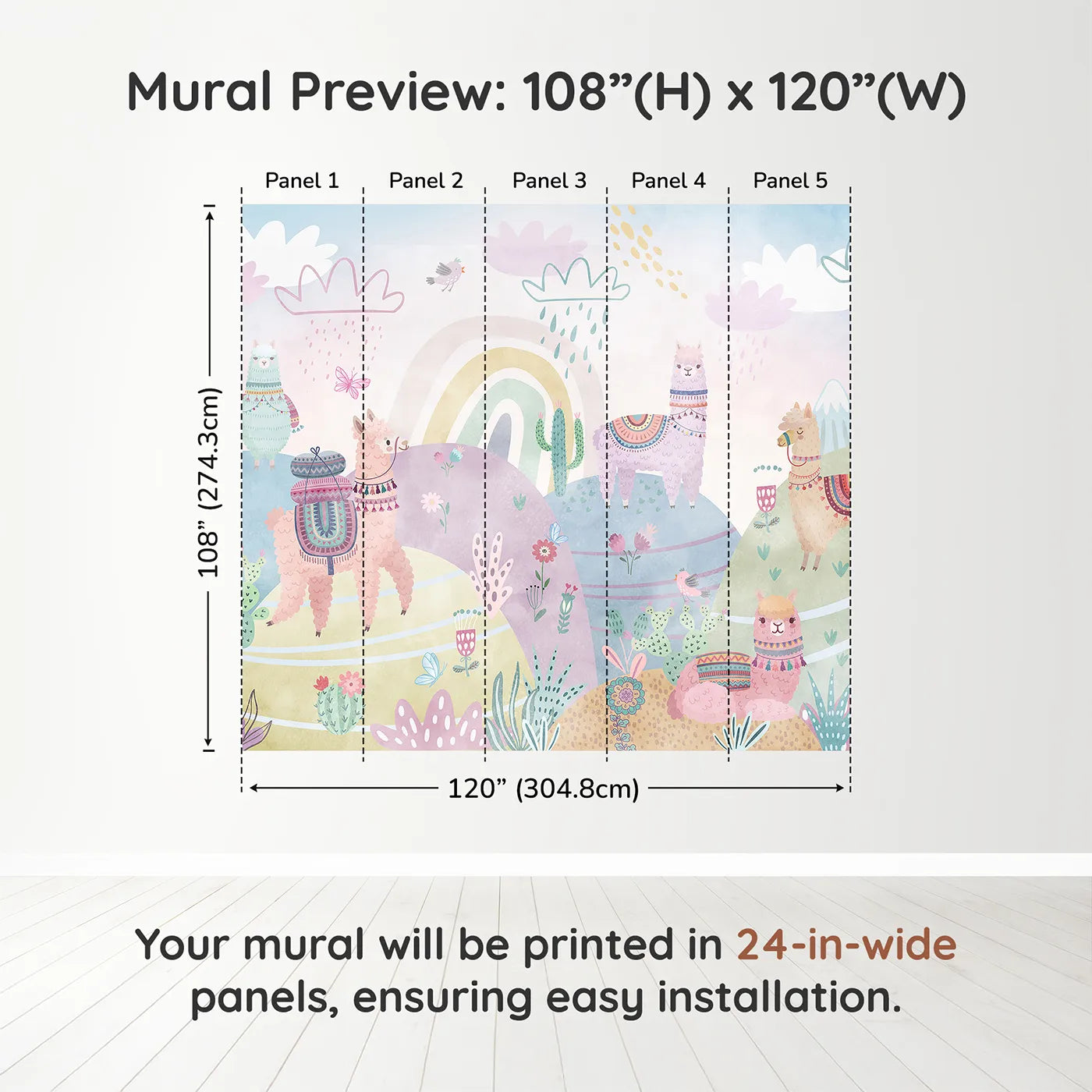Whimsy Tots Llama Rainbow Hills Wall Muraldimension view (108" H x 120" W). Printed in five 24-inch-wide panels. Gender-Neutral