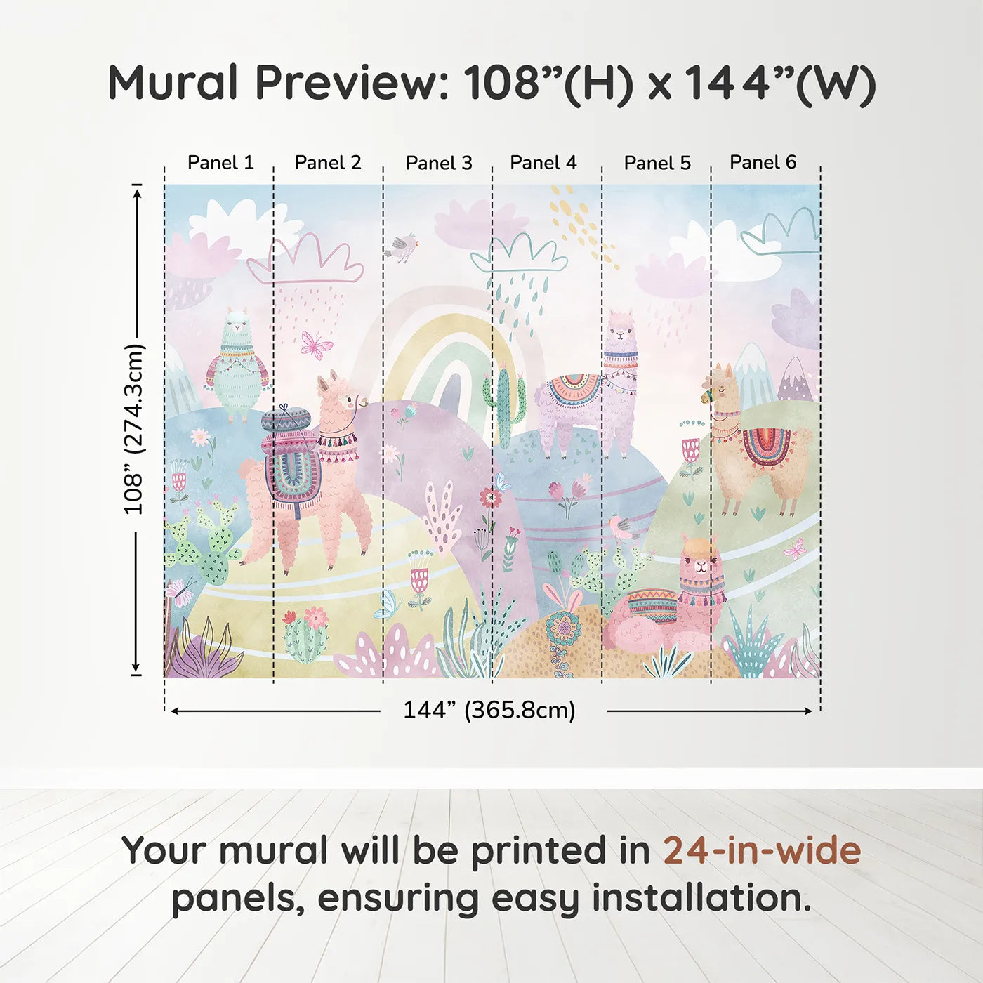 Whimsy Tots Llama Rainbow Hills Wall Muraldimension view (108" H x 144" W). Printed in six 24-inch-wide panels. Gender-Neutral