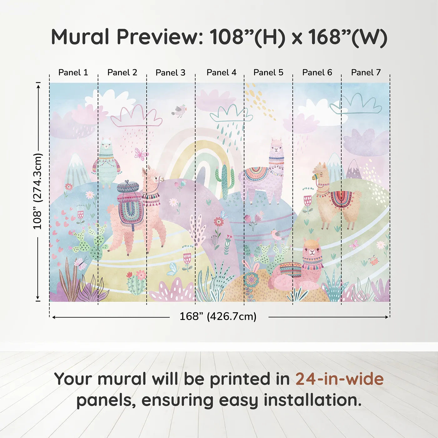 Whimsy Tots Llama Rainbow Hills Wall Muraldimension view (108" H x 168" W). Printed in seven 24-inch-wide panels. Gender-Neutral