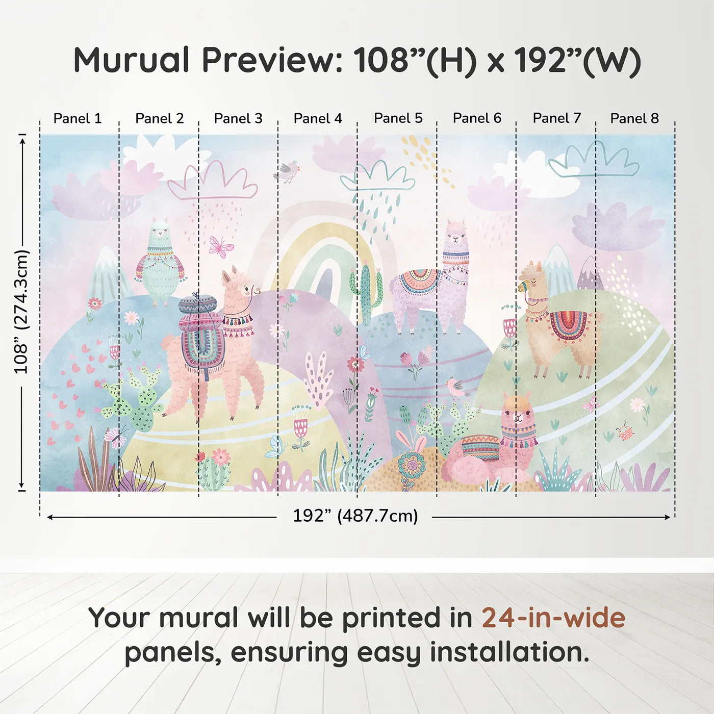 Whimsy Tots Llama Rainbow Hills Wall Muraldimension view (108" H x 192" W). Printed in eight 24-inch-wide panels. Gender-Neutral