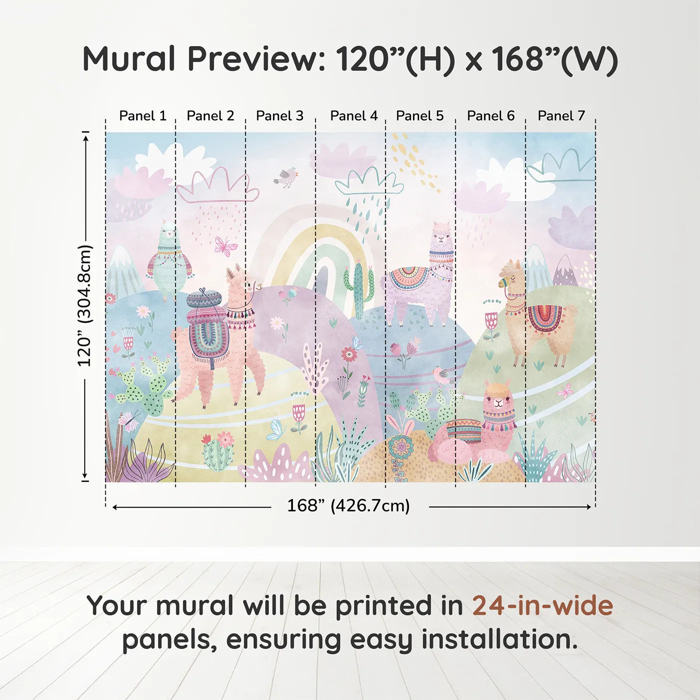 Whimsy Tots Llama Rainbow Hills Wall Muraldimension view (120" H x 168" W). Printed in seven 24-inch-wide panels. Gender-Neutral