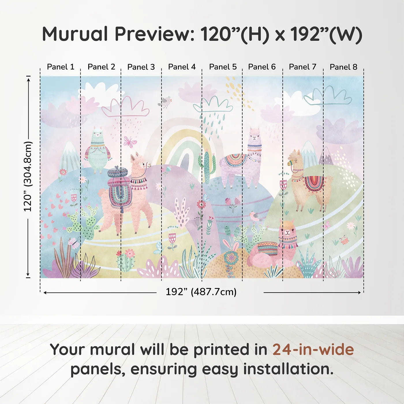 Whimsy Tots Llama Rainbow Hills Wall Muraldimension view (120" H x 192" W). Printed in eight 24-inch-wide panels. Gender-Neutral