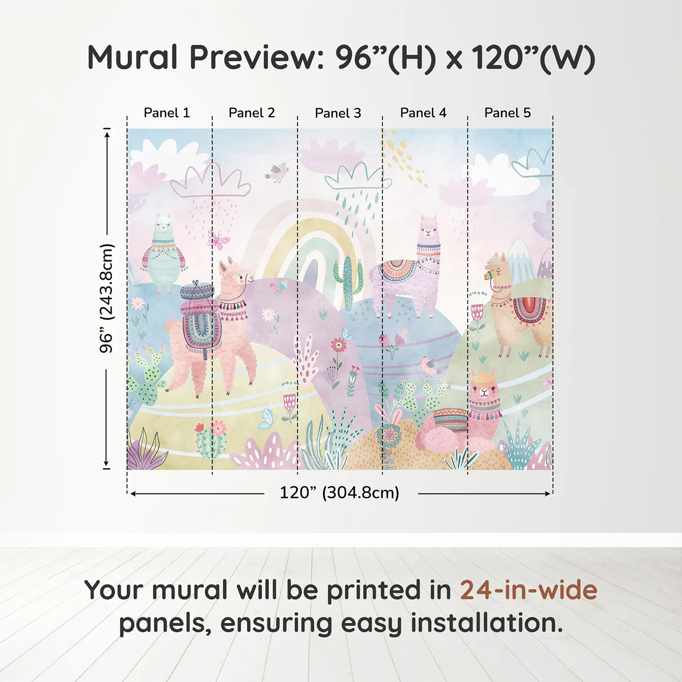 Whimsy Tots Llama Rainbow Hills Wall Muraldimension view (96" H x 120" W). Printed in five 24-inch-wide panels. Gender-Neutral