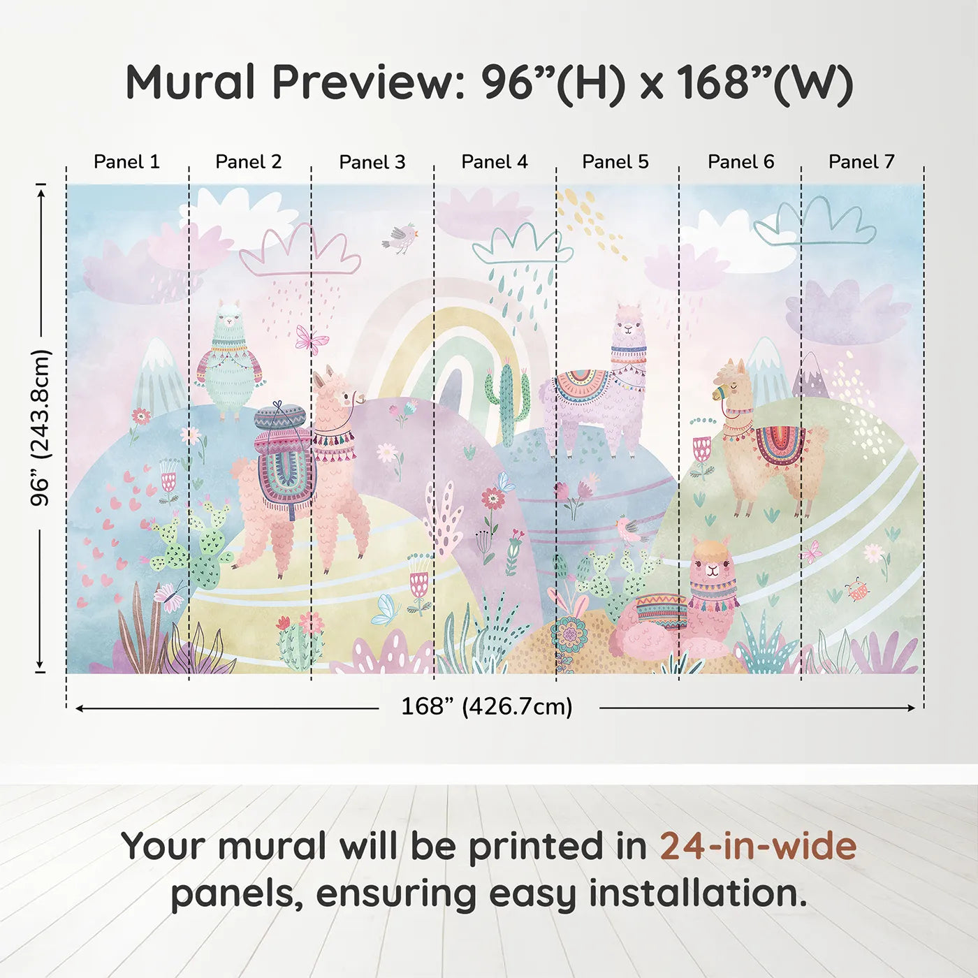 Whimsy Tots Llama Rainbow Hills Wall Muraldimension view (96" H x 168" W). Printed in seven 24-inch-wide panels. Gender-Neutral