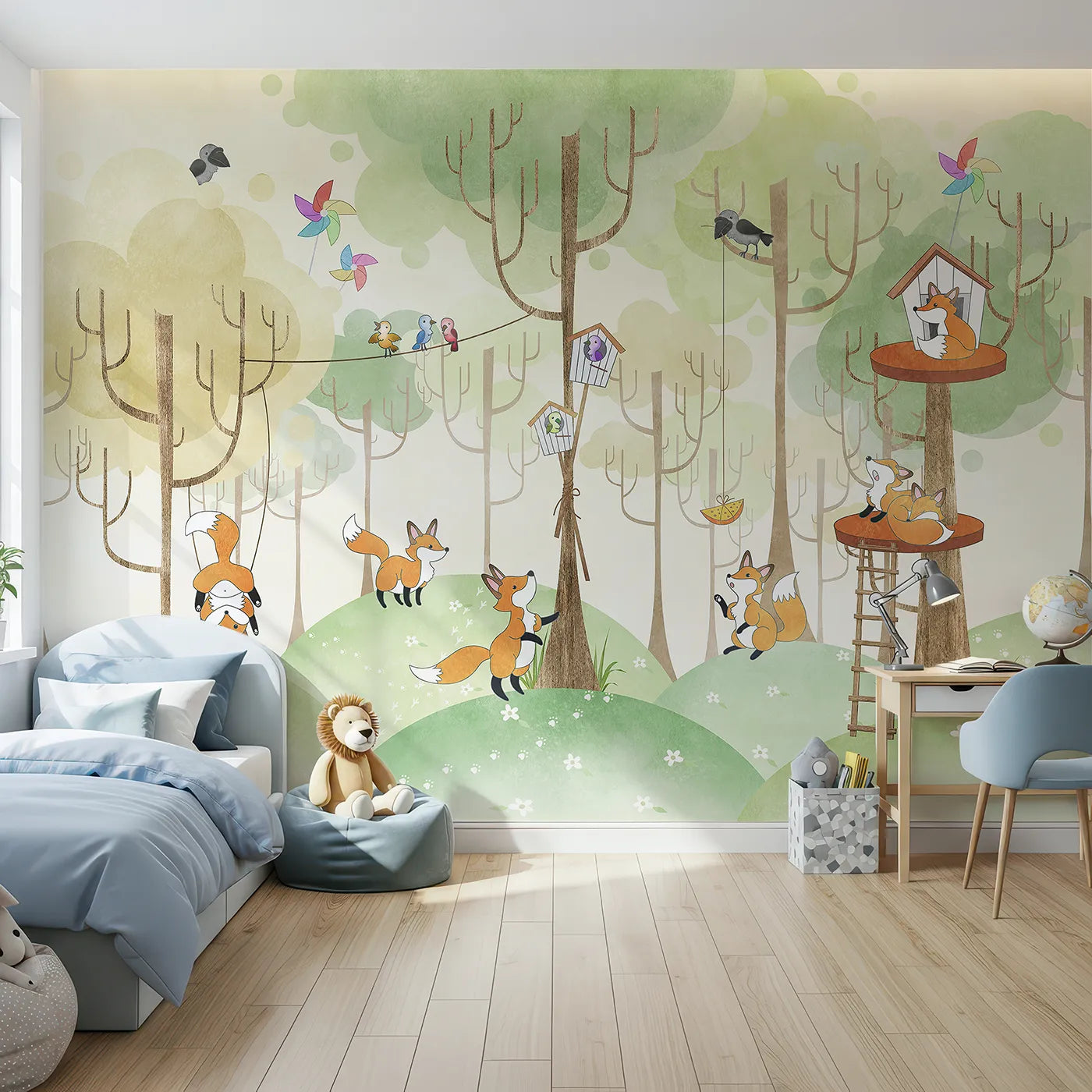 Front view of Whimsy Tots' Fox Playground Wall Mural