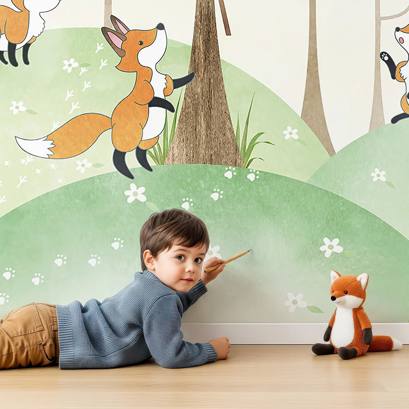 Child in front of Whimsy Tots Fox Playground Wall Mural with fox, cute, playground, forest, animal, cartoon, whimsical, fun in design.