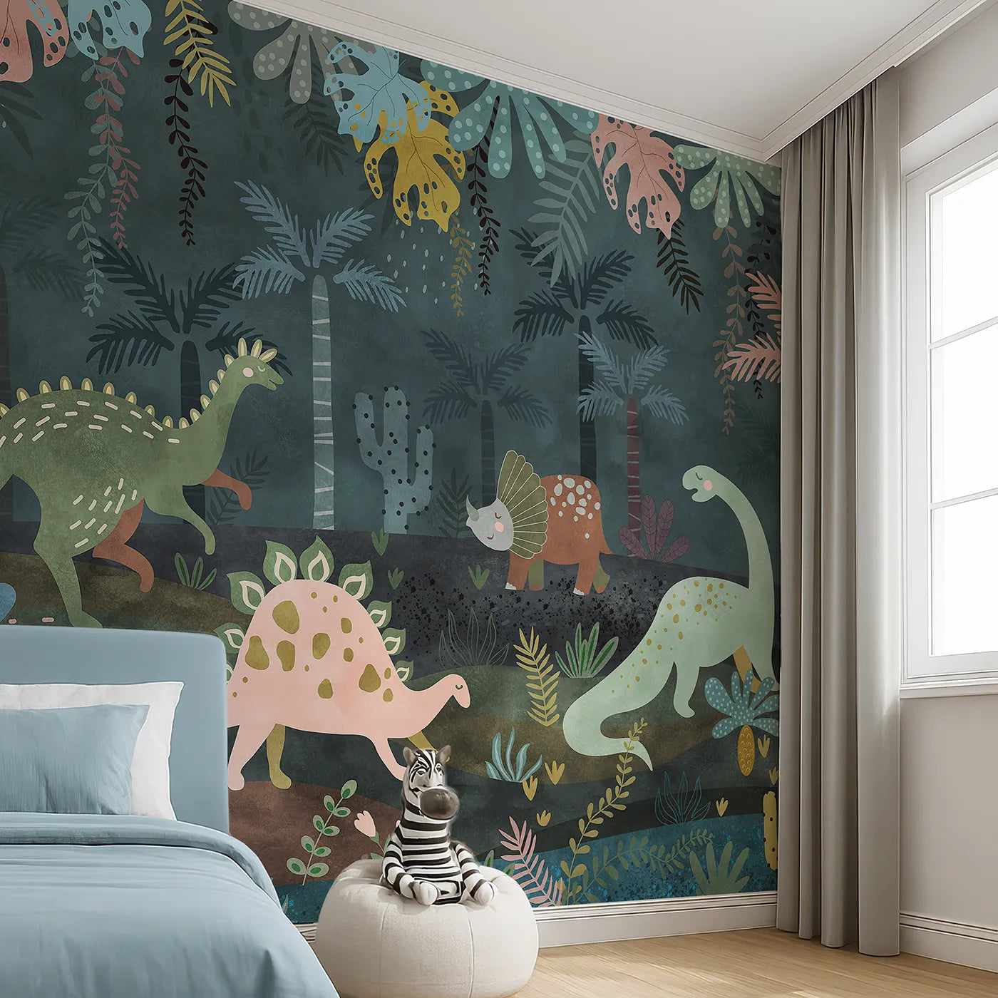 Angled view of Whimsy Tots' Dinosaur Jungle Wall Mural in Teal (Turn Their Room into a Cool and Moody Prehistoric World).Gender-Neutral