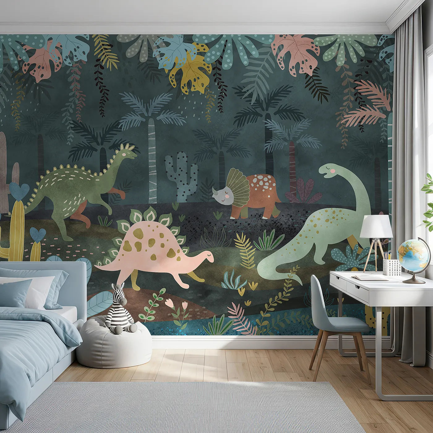 Front view of Whimsy Tots' Dinosaur Jungle Wall Mural in Teal