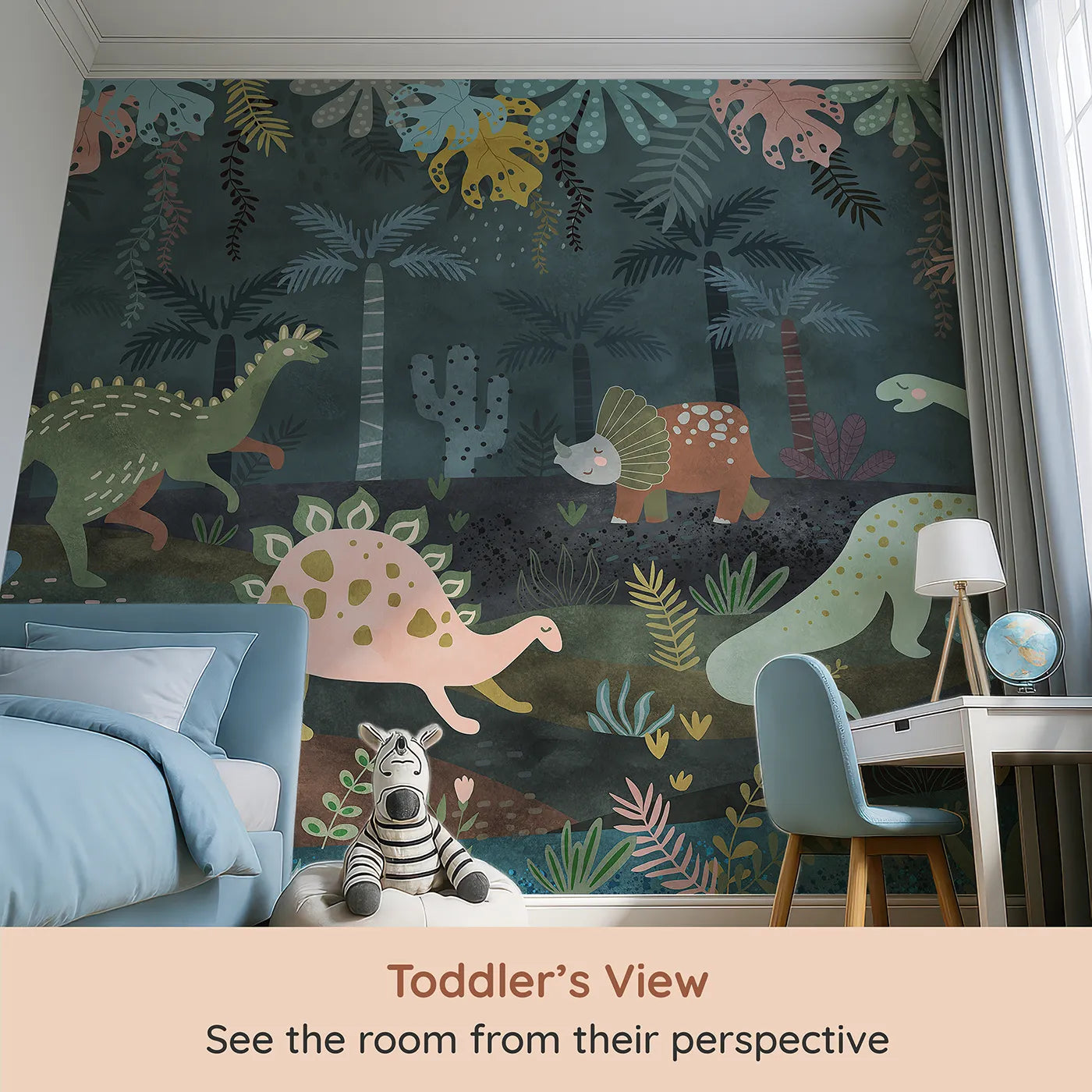 Whimsy Tots Dinosaur Jungle Wall Mural in Teal (Turn Their Room into a Cool and Moody Prehistoric World) from your child's view.Gender-Neutral