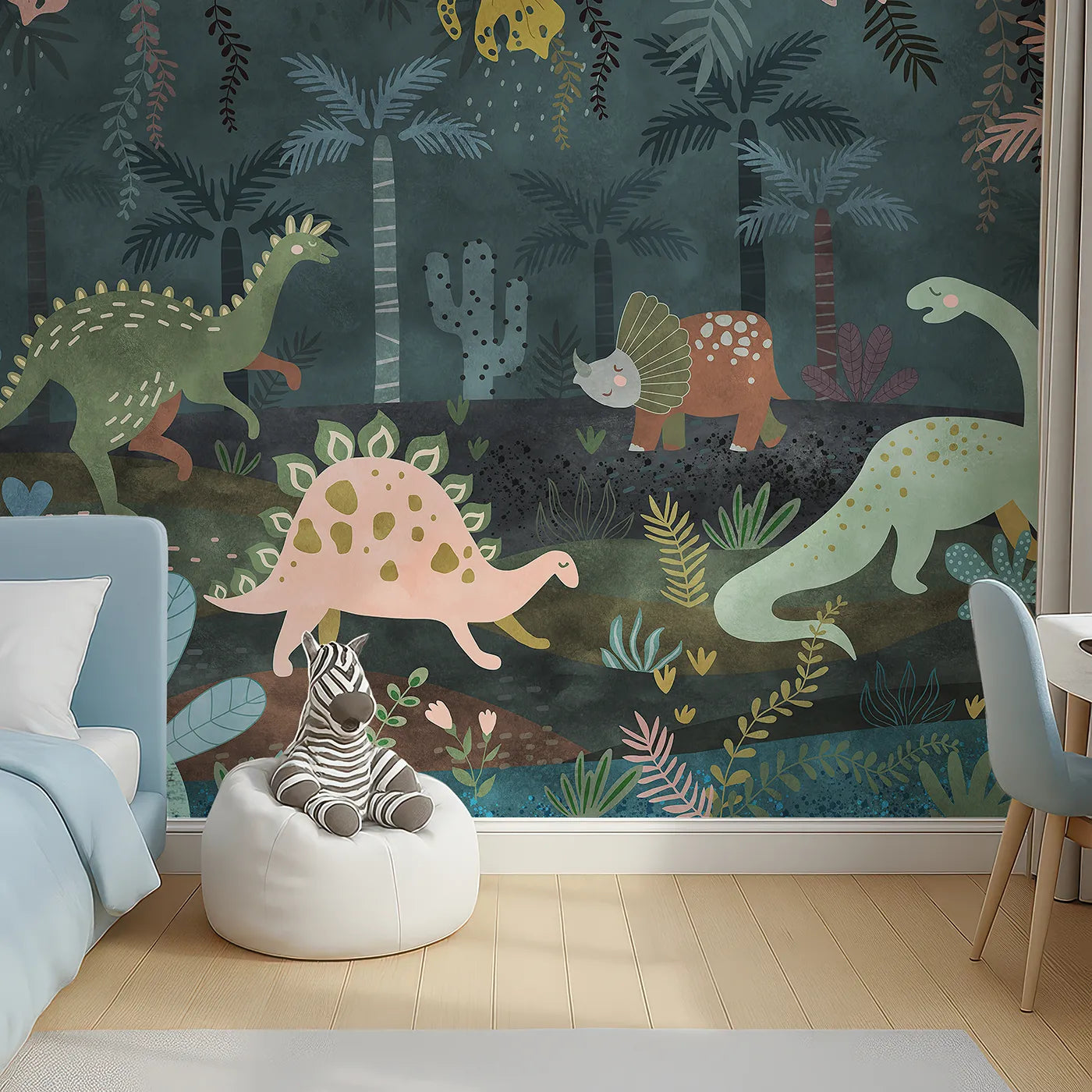 Top-down view of Whimsy Tots' Dinosaur Jungle Wall Mural in Teal (Turn Their Room into a Cool and Moody Prehistoric World).Gender-Neutral