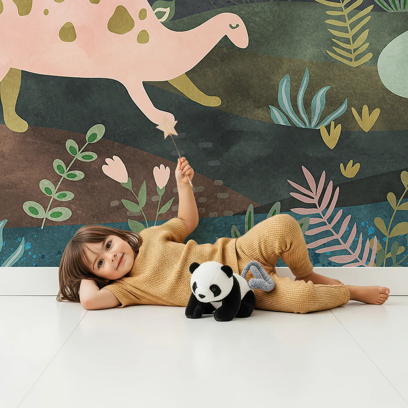 Child in front of Whimsy Tots Dinosaur Jungle Wall Mural in Teal with dinosaur, jungle, prehistoric, modern, teal, dark, cute, tropical in design.