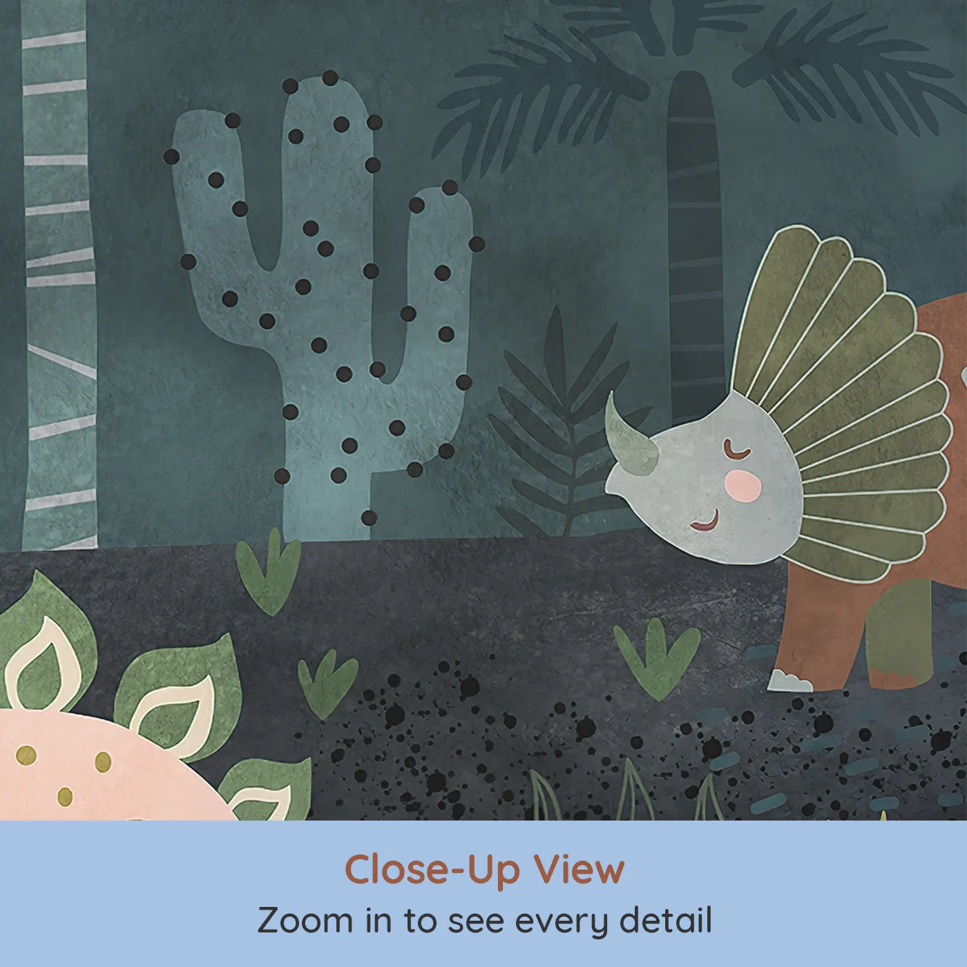 Close-up view of Whimsy Tots' Dinosaur Jungle Wall Mural in Teal (Turn Their Room into a Cool and Moody Prehistoric World).Gender-Neutral