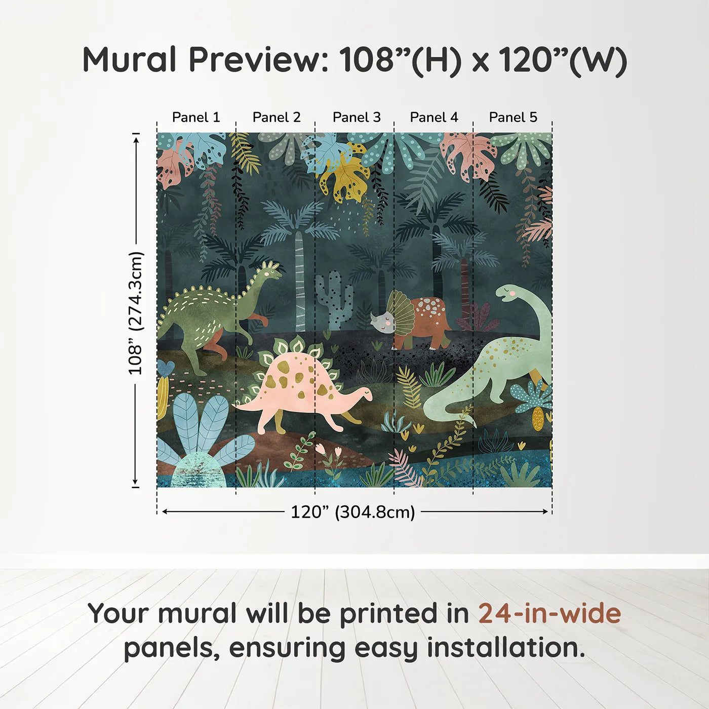 Whimsy Tots Dinosaur Jungle Wall Mural in Tealdimension view (108" H x 120" W). Printed in five 24-inch-wide panels. Gender-Neutral