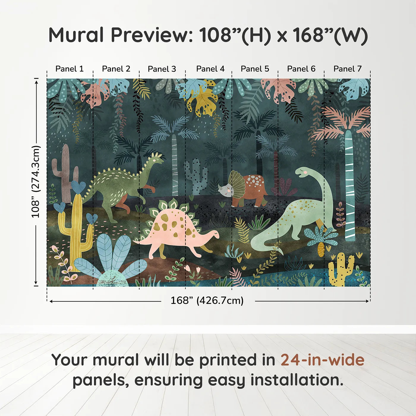 Whimsy Tots Dinosaur Jungle Wall Mural in Tealdimension view (108" H x 168" W). Printed in seven 24-inch-wide panels. Gender-Neutral