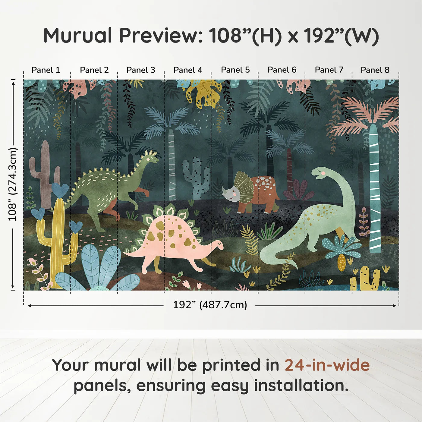 Whimsy Tots Dinosaur Jungle Wall Mural in Tealdimension view (108" H x 192" W). Printed in eight 24-inch-wide panels. Gender-Neutral