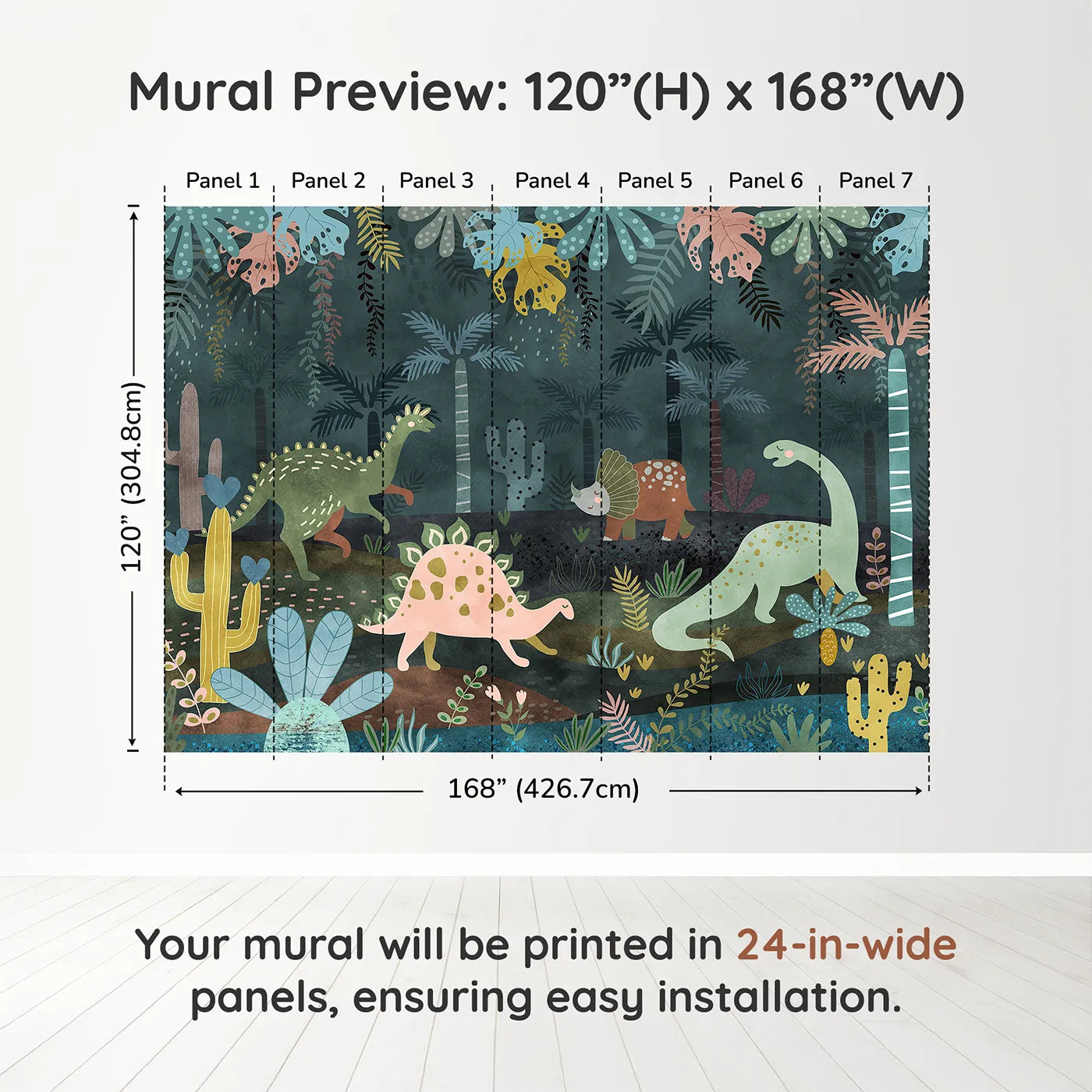 Whimsy Tots Dinosaur Jungle Wall Mural in Tealdimension view (120" H x 168" W). Printed in seven 24-inch-wide panels. Gender-Neutral