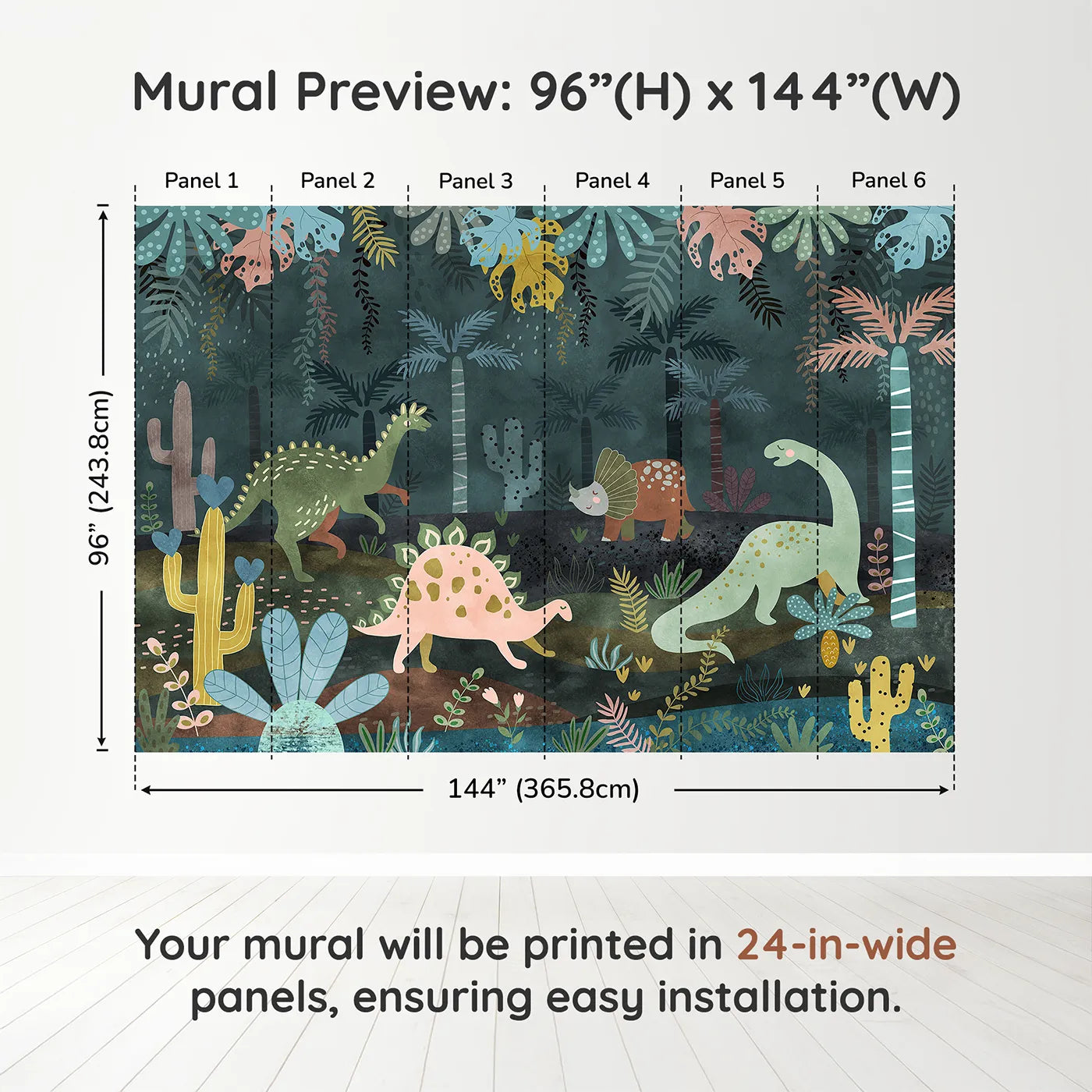 Whimsy Tots Dinosaur Jungle Wall Mural in Tealdimension view (96" H x 144" W). Printed in six 24-inch-wide panels. Gender-Neutral