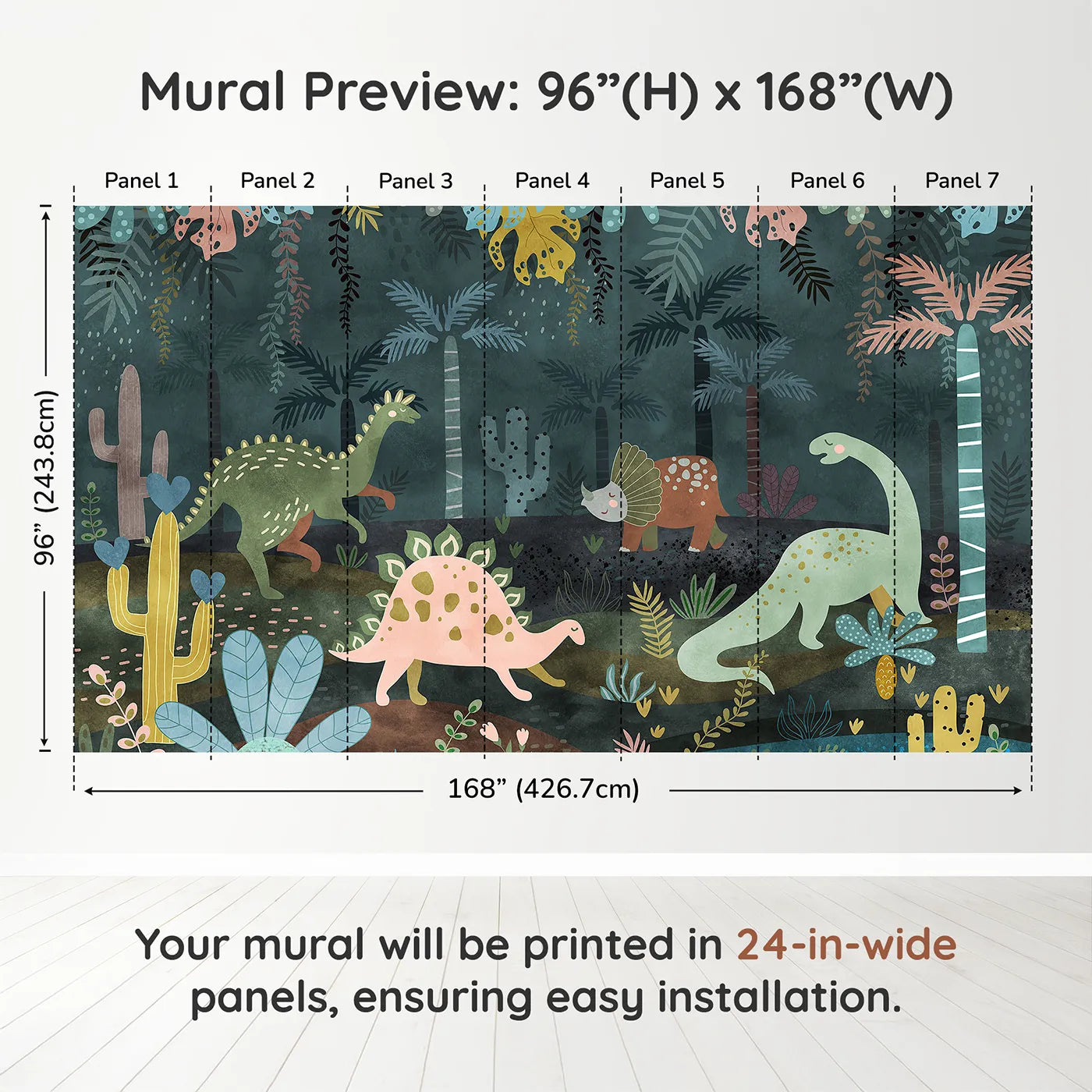 Whimsy Tots Dinosaur Jungle Wall Mural in Tealdimension view (96" H x 168" W). Printed in seven 24-inch-wide panels. Gender-Neutral