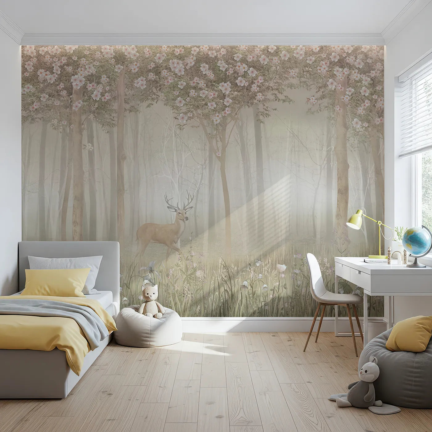 Front view of Whimsy Tots' Misty Blossom Forest Stag Wall Mural