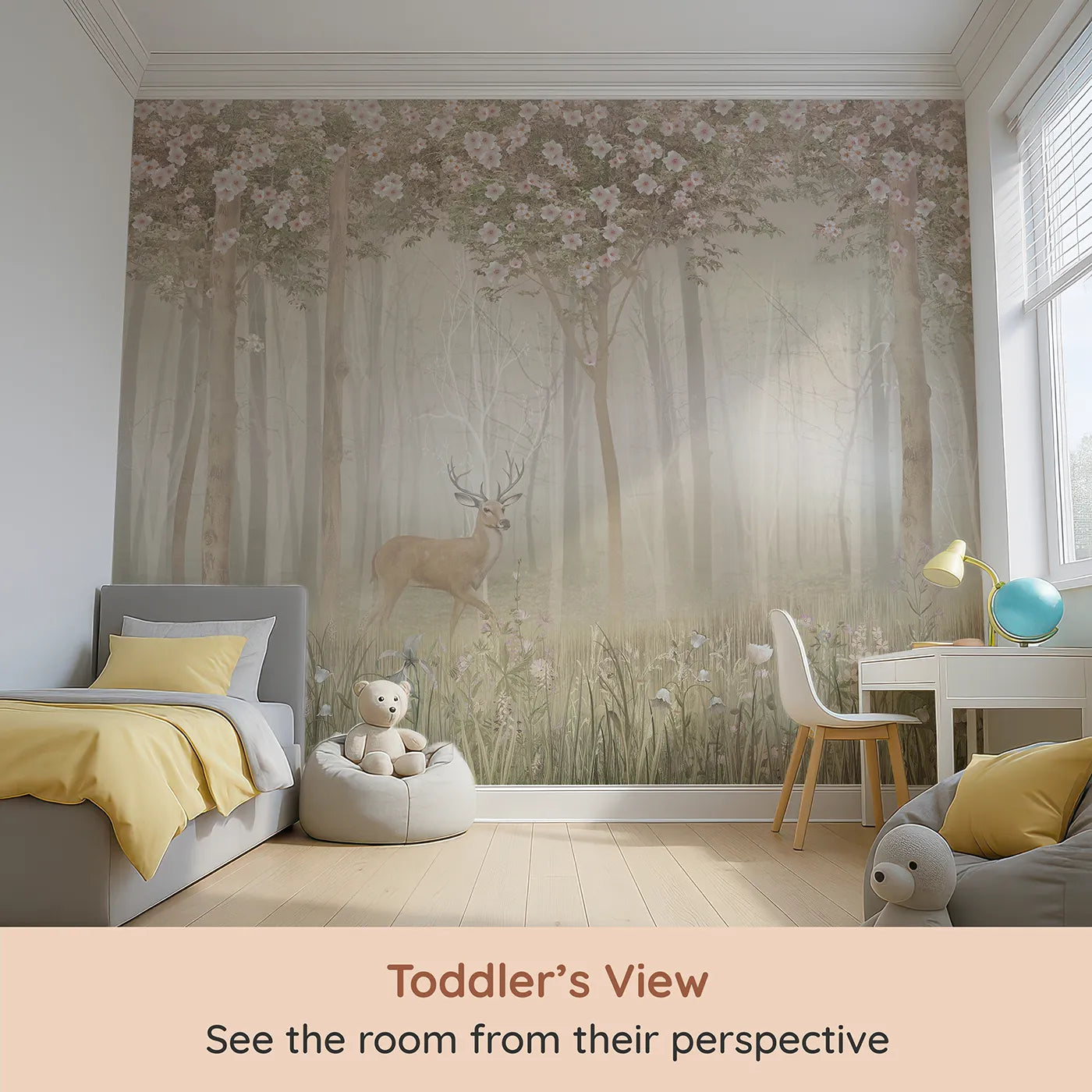 Whimsy Tots Misty Blossom Forest Stag Wall Mural (Turn Their Room into an Enchanted, Blooming Woodland) from your child's view.Gender-Neutral
