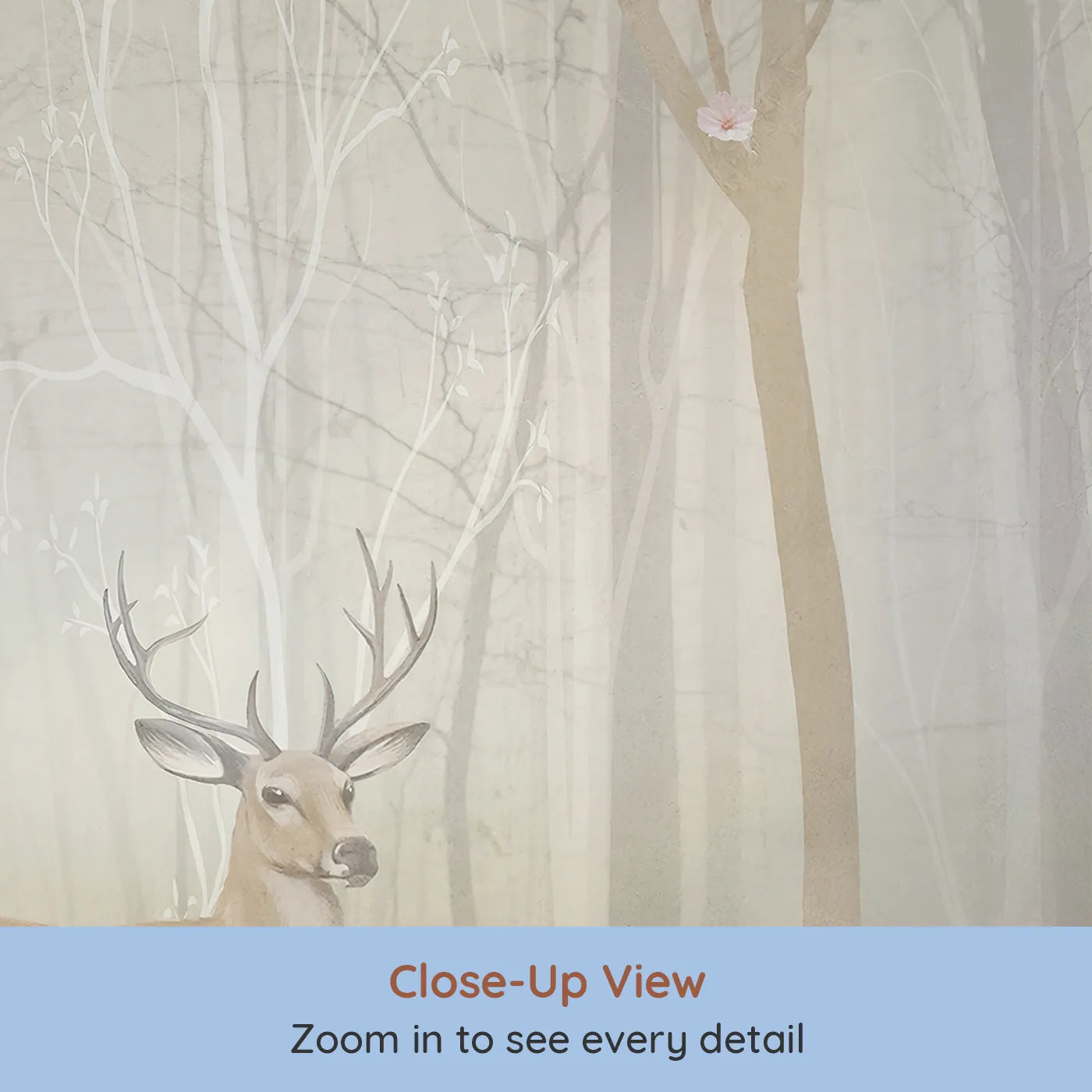Close-up view of Whimsy Tots' Misty Blossom Forest Stag Wall Mural (Turn Their Room into an Enchanted, Blooming Woodland).Gender-Neutral