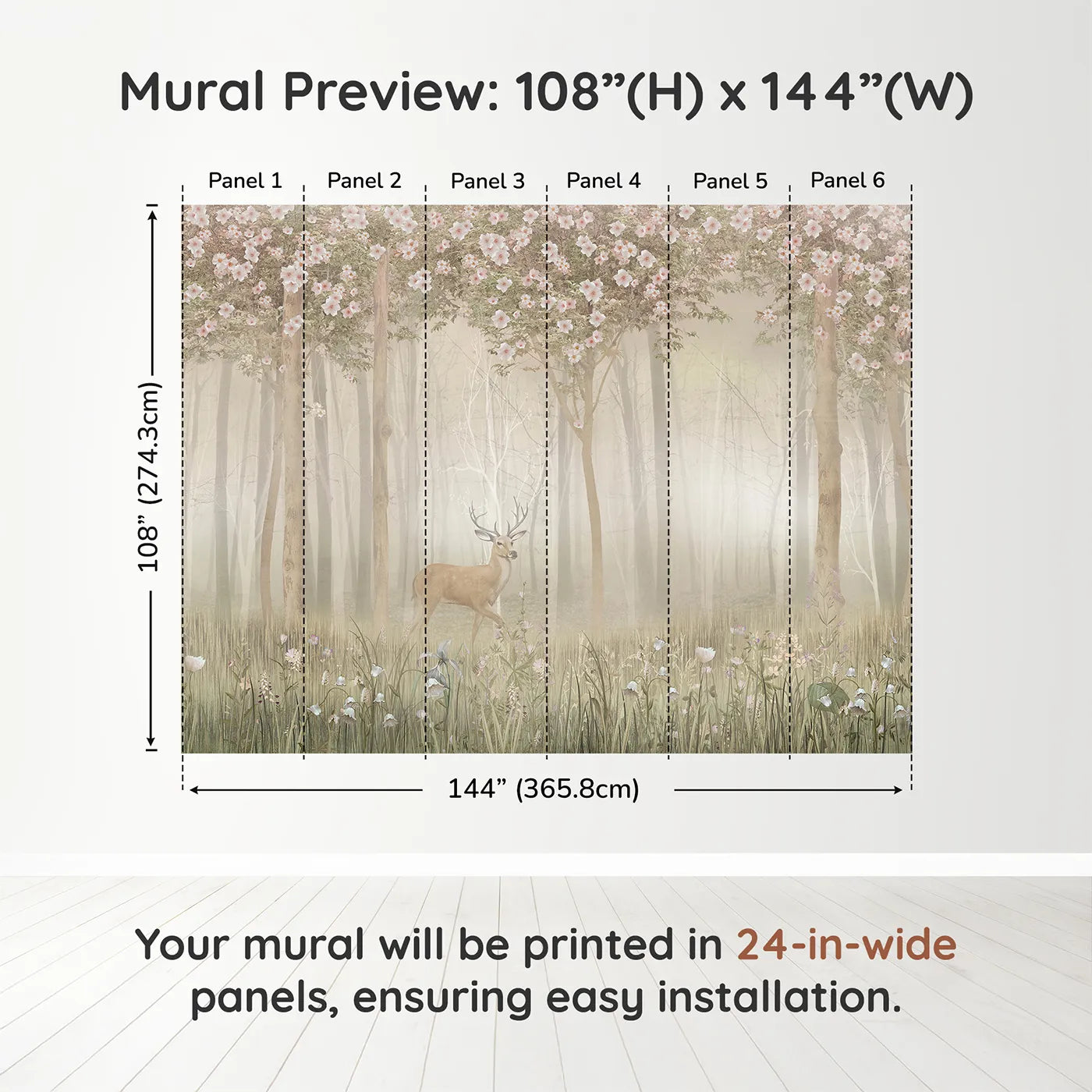 Whimsy Tots Misty Blossom Forest Stag Wall Muraldimension view (108" H x 144" W). Printed in six 24-inch-wide panels. Gender-Neutral