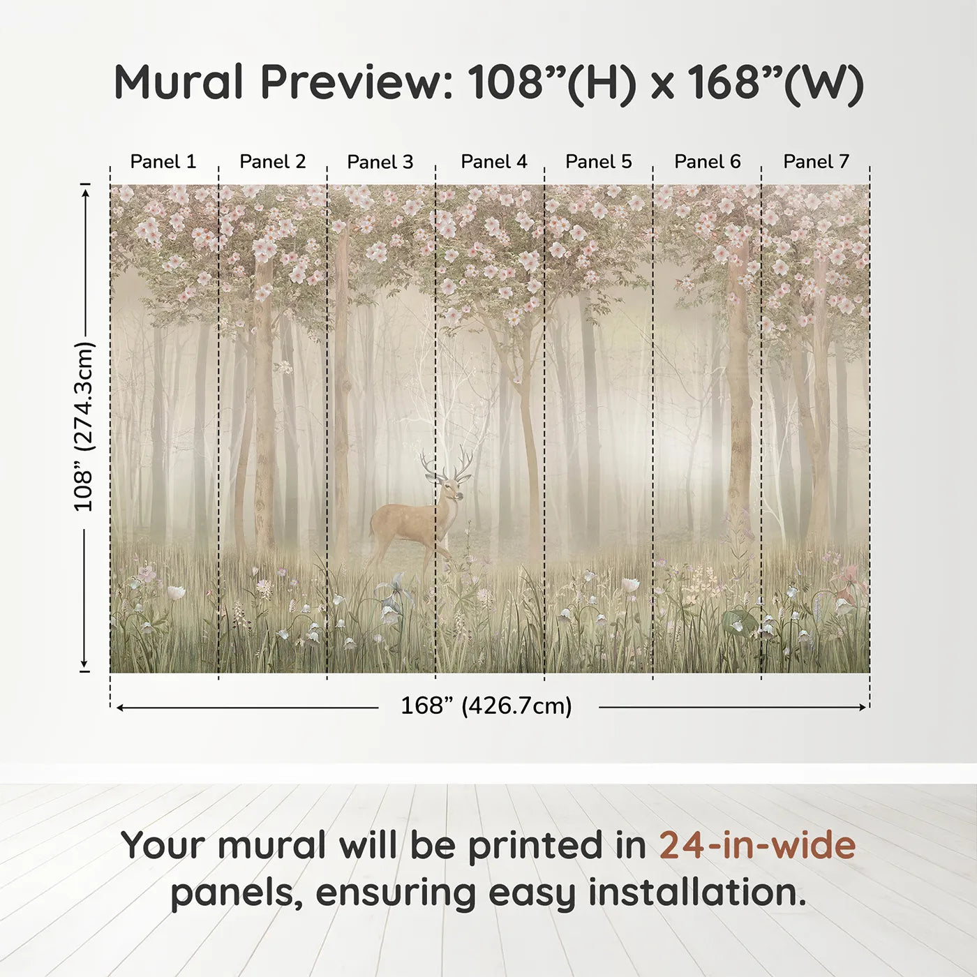 Whimsy Tots Misty Blossom Forest Stag Wall Muraldimension view (108" H x 168" W). Printed in seven 24-inch-wide panels. Gender-Neutral
